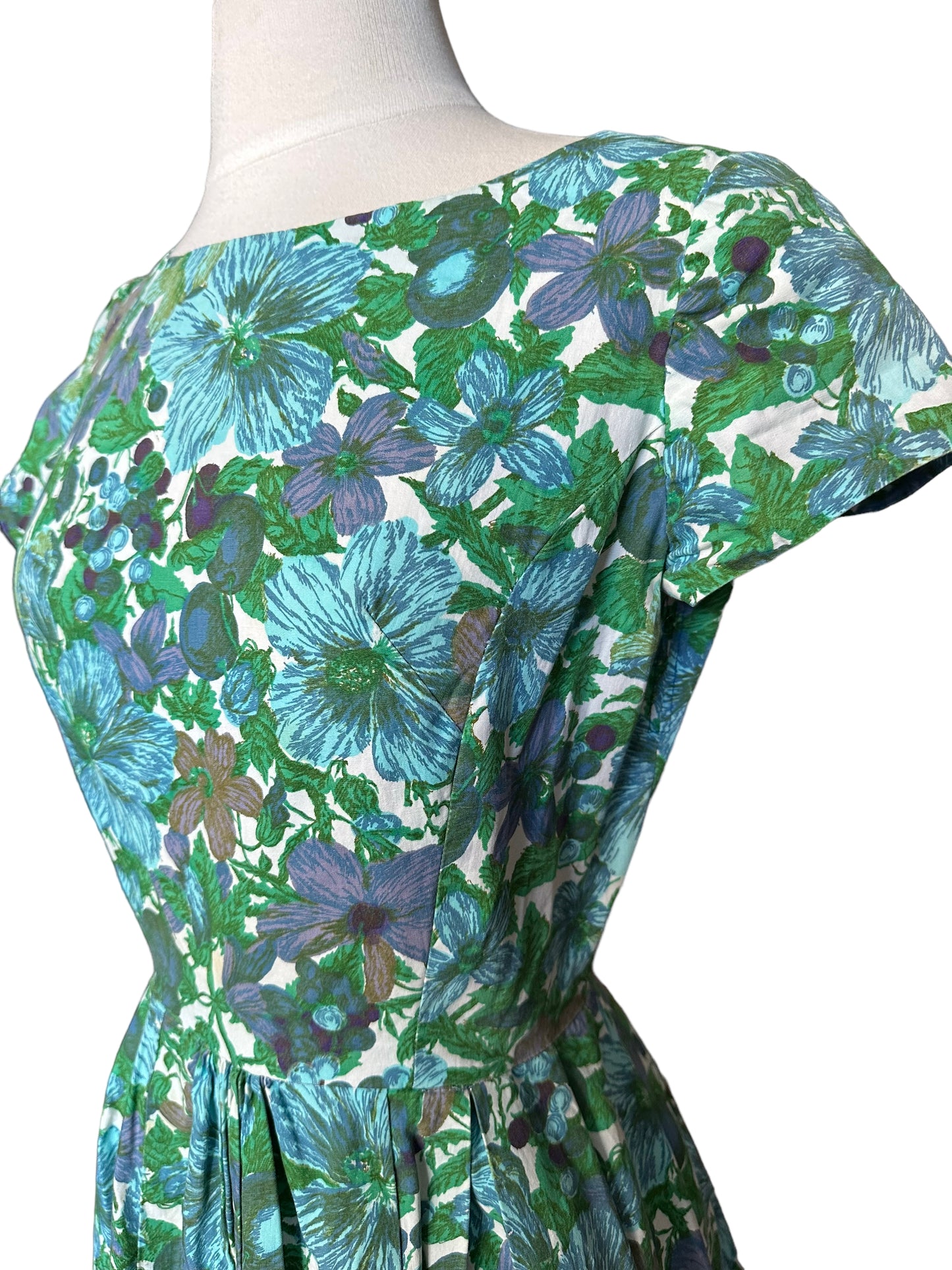 Left side view of Vintage 1950s Blue Floral Cotton Dress |  Barn Owl True Vintage | Seattle Vintage Dresses