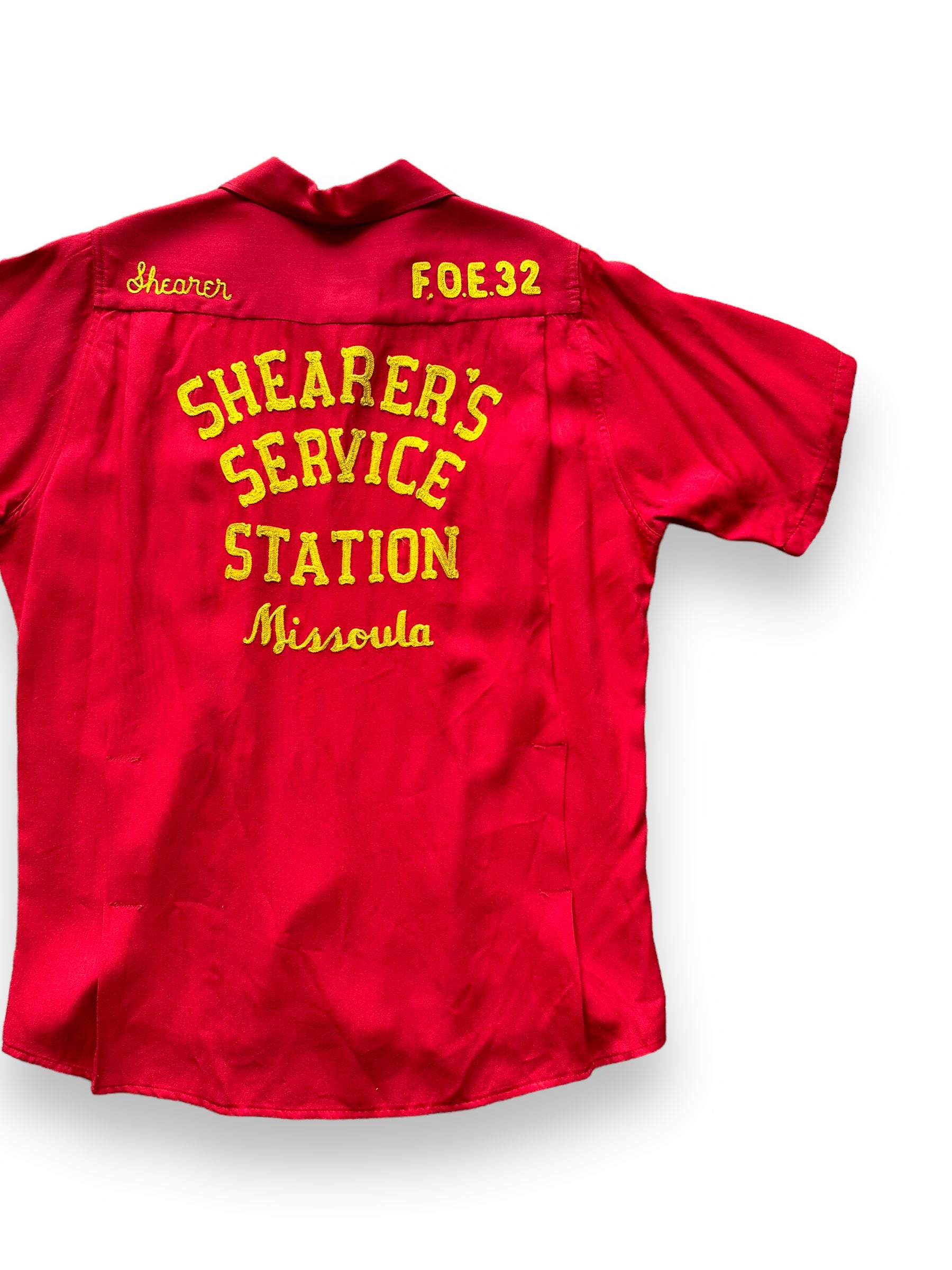 Back right of Vintage "Shearer's Service Station" Chainstitched Bowling Shirt SZ M | Vintage Bowling Shirt Seattle | Barn Owl Vintage Seattle