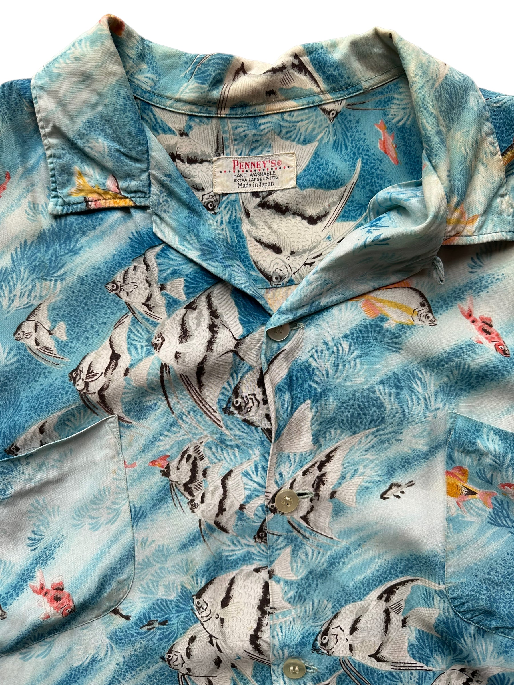 Collar shot of Vintage Penny's Blue Tropical Fish Aloha Shirt SZ XL | Seattle Vintage Rayon Hawaiian Shirt | Barn Owl Vintage Clothing Seattle