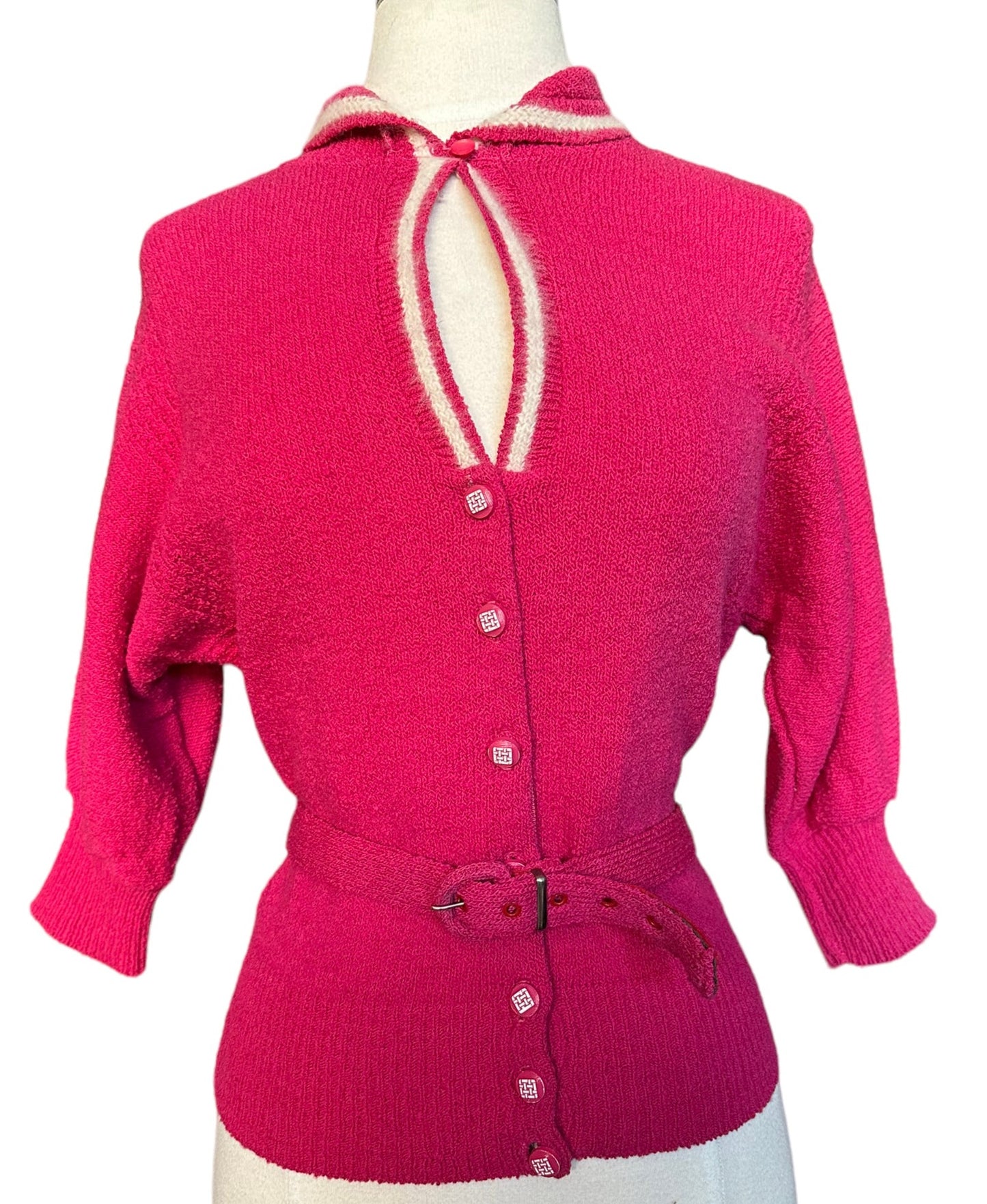 Front Vintage 1950s Pink Sweater With Belt | Vintage Ladies Sweaters | Barn Owl Vintage Seattle