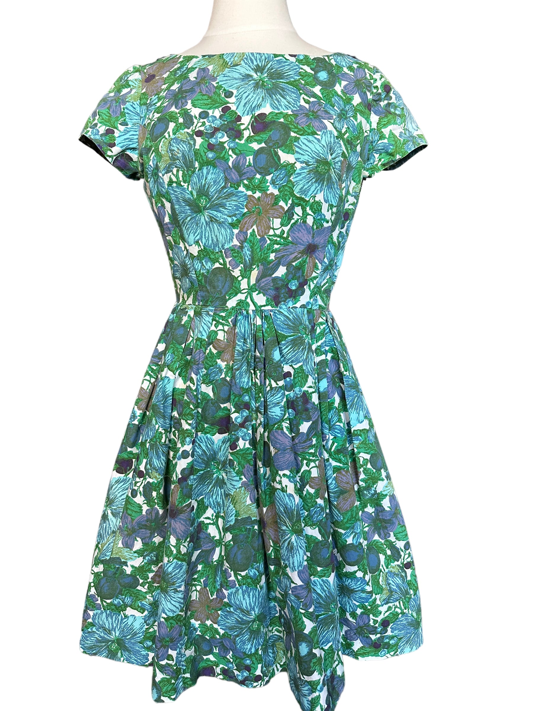 Full front view of Vintage 1950s Blue Floral Cotton Dress |  Barn Owl True Vintage | Seattle Vintage Dresses