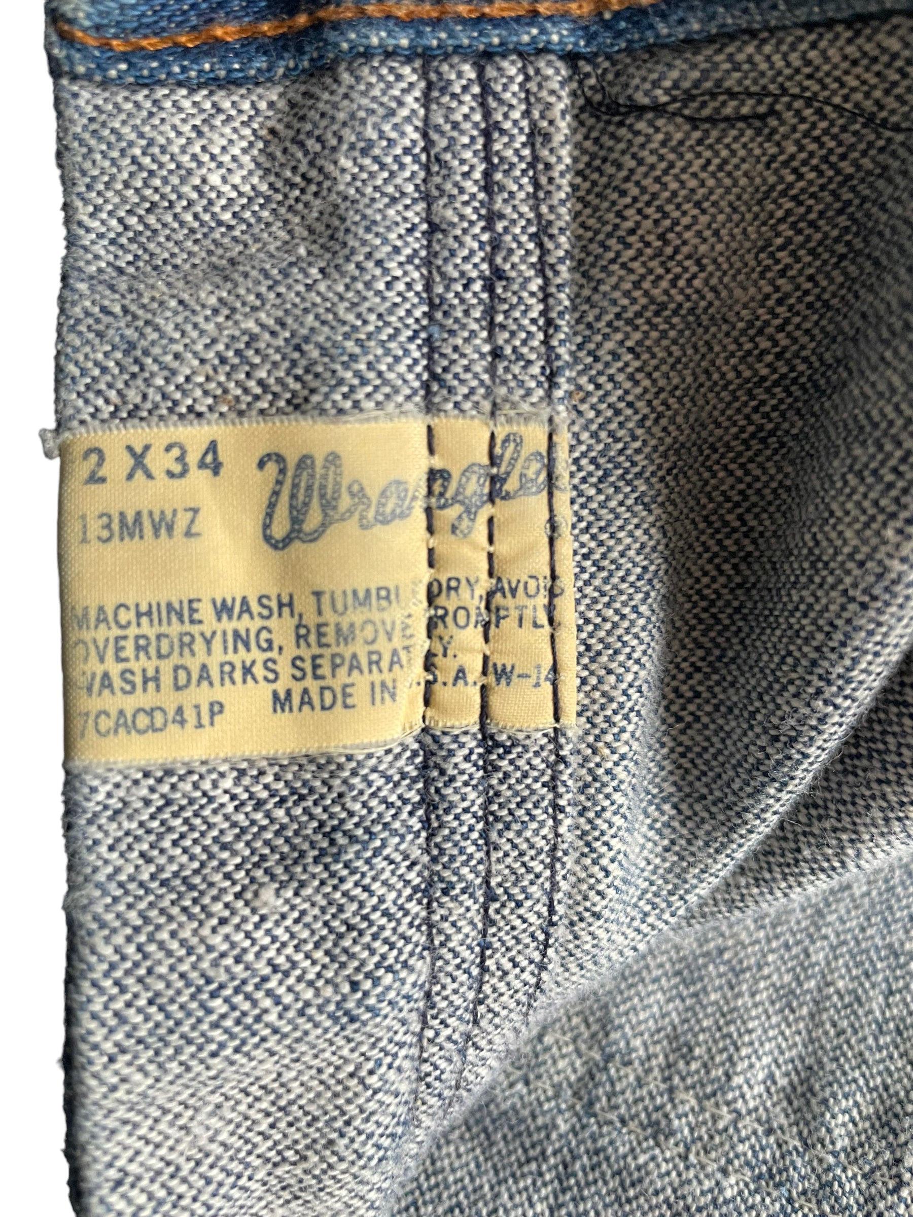 Inside tag view of Vintage 1960s Era Wranglers 32x34