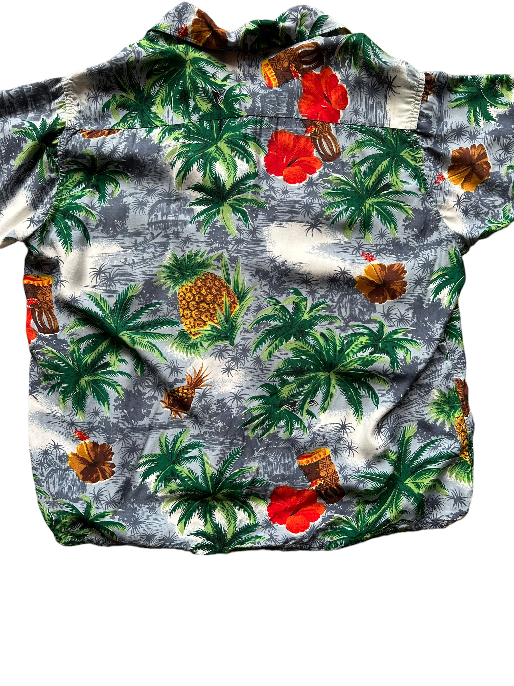 Back close up of Vintage Made in Japan South Pacific Grey Pineapple Aloha Shirt SZ L | Seattle Vintage Rayon Hawaiian Shirt | Barn Owl Vintage Clothing Seattle