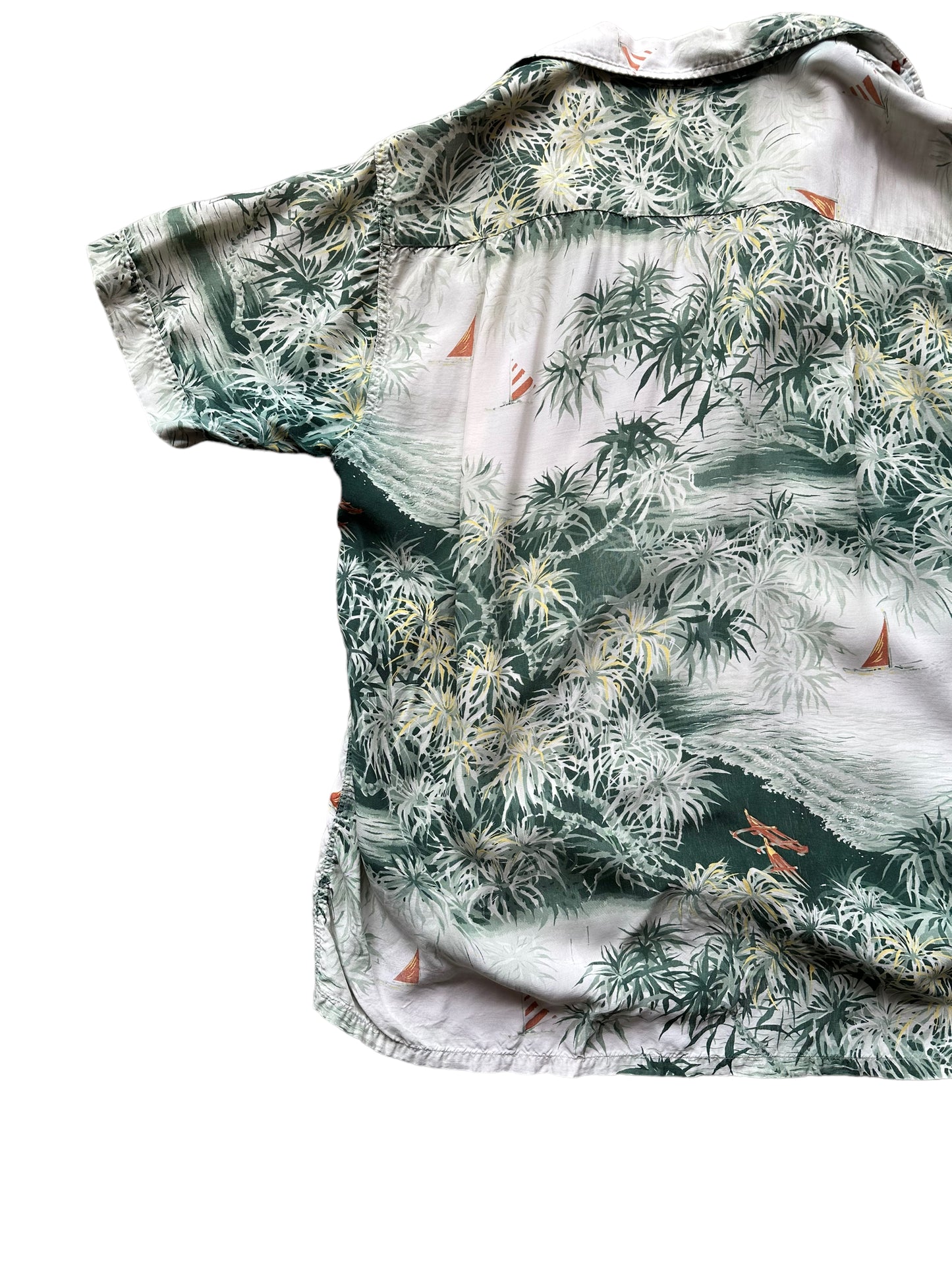 Back left of Vintage Made in Japan Penney's Green Floral Aloha Shirt SZ M | Seattle Vintage Rayon Hawaiian Shirt | Barn Owl Vintage Clothing Seattle