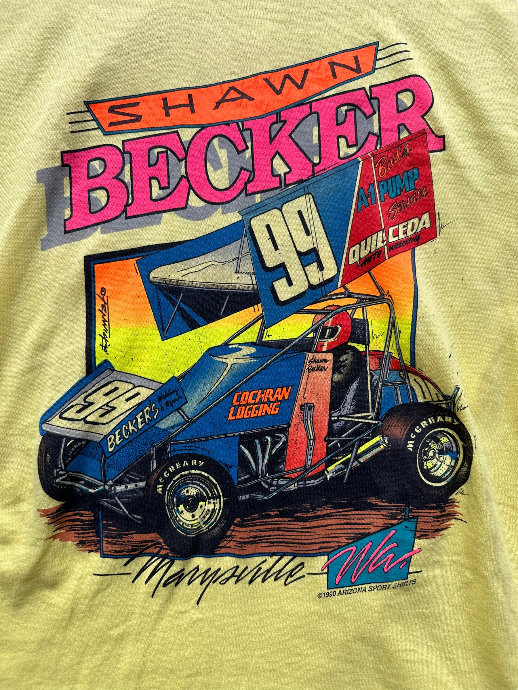 Front graphic of Vintage Shawn Becker #99 Racing Tee SZ M |  Vintage Auto Tee Seattle | Barn Owl Vintage
