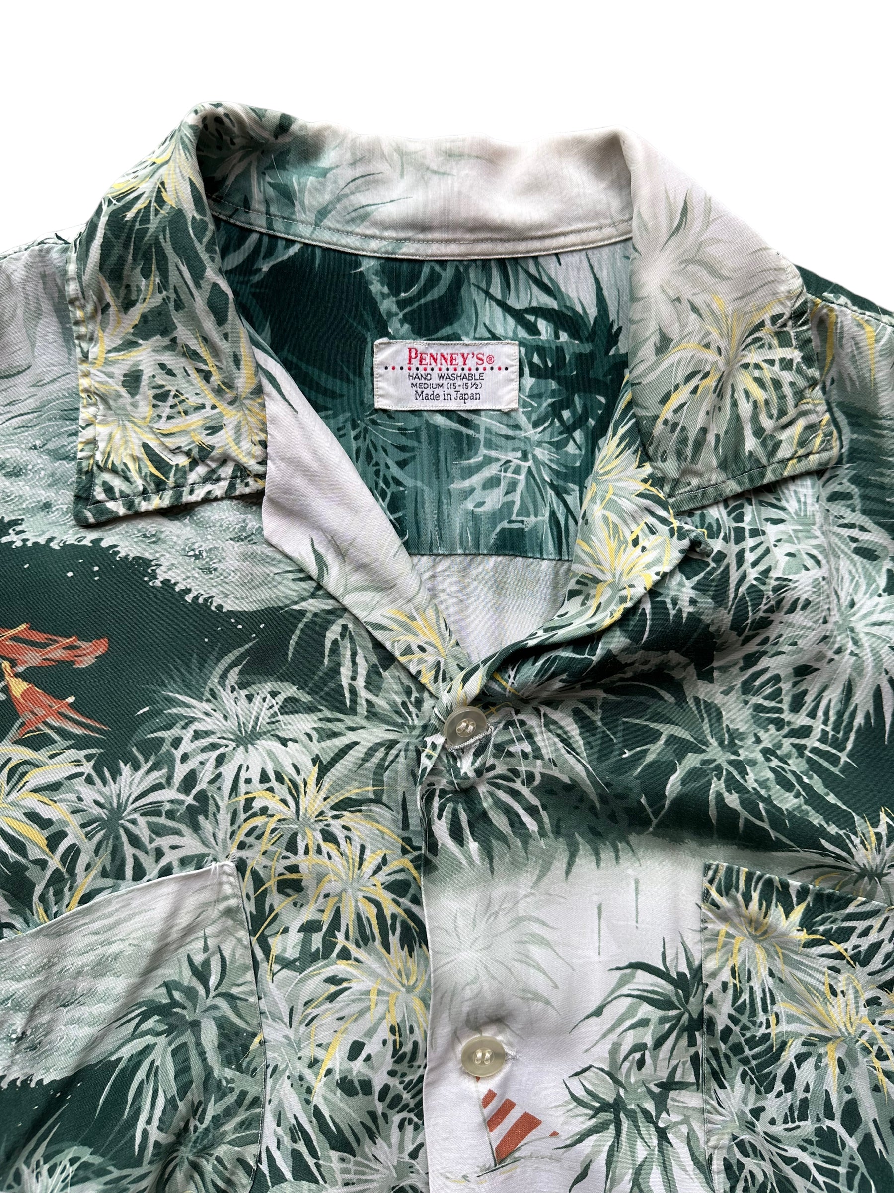 Front tag shot of Vintage Made in Japan Penney's Green Floral Aloha Shirt SZ M | Seattle Vintage Rayon Hawaiian Shirt | Barn Owl Vintage Clothing Seattle