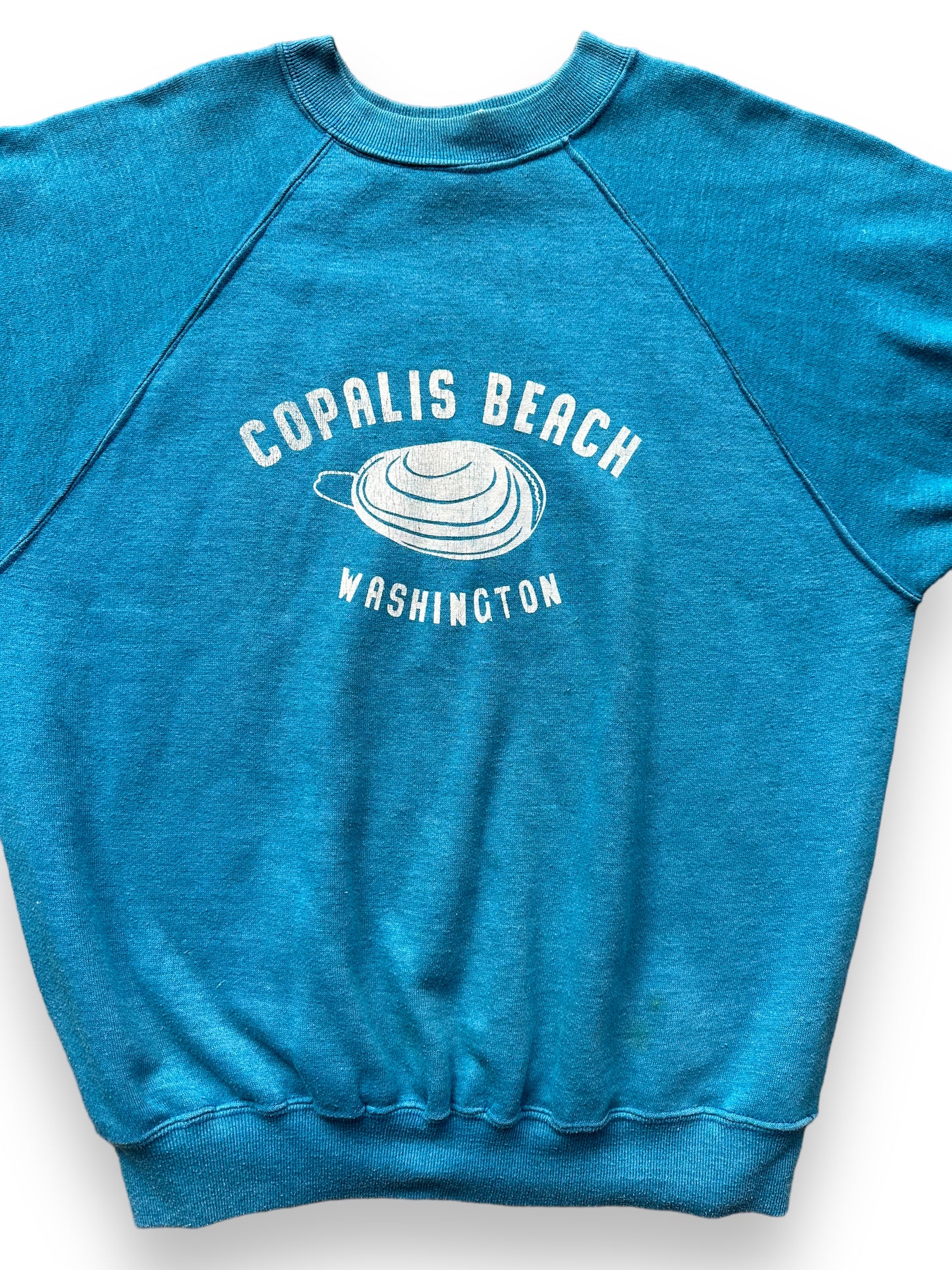 Front Detail on Vintage Copalis Beach Clam Short Sleeve Crewneck Sweatshirt SZ L | Barn Owl Vintage | Seattle True Vintage Sweatshirts