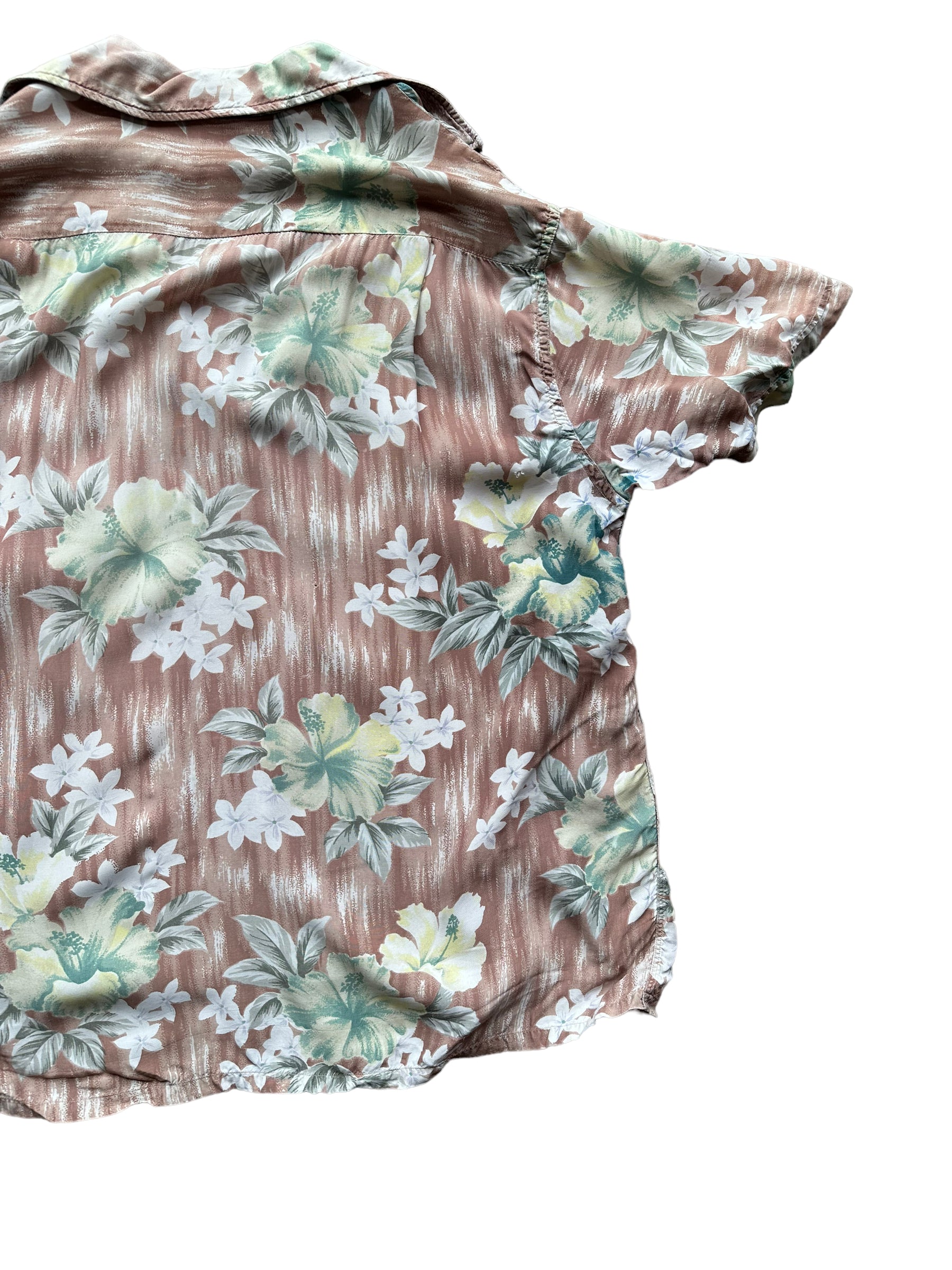 Back right shot of Vintage Made in Japan Penney's Brown/Green Floral Aloha Shirt SZ M | Seattle Vintage Rayon Hawaiian Shirt | Barn Owl Vintage Clothing Seattle