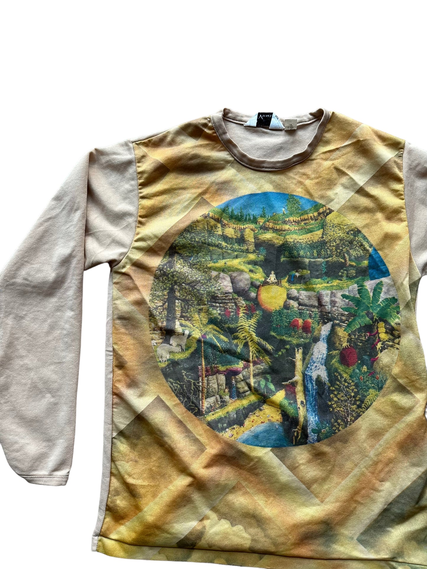 Front right of Vintage Hippie Print Poly L/S Tee SZ M |  Vintage Art Tee Seattle | Barn Owl Vintage