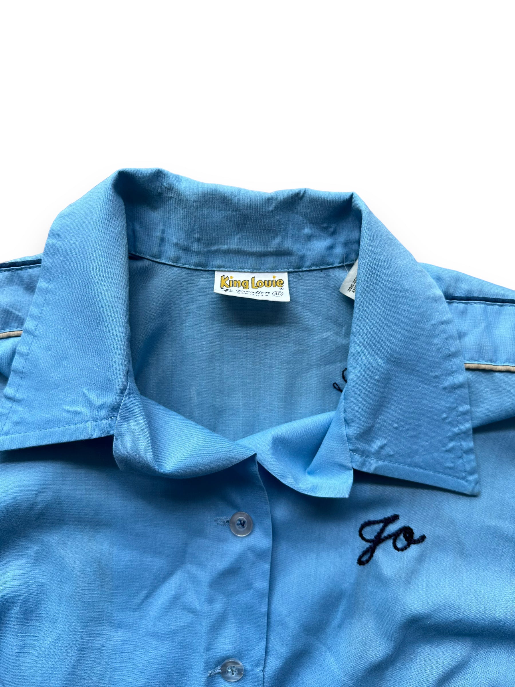 Collar of Vintage "New Frontier Lanes" Chainstitched Bowling Shirt SZ 40 | Vintage Bowling Shirt Seattle | Barn Owl Vintage Seattle