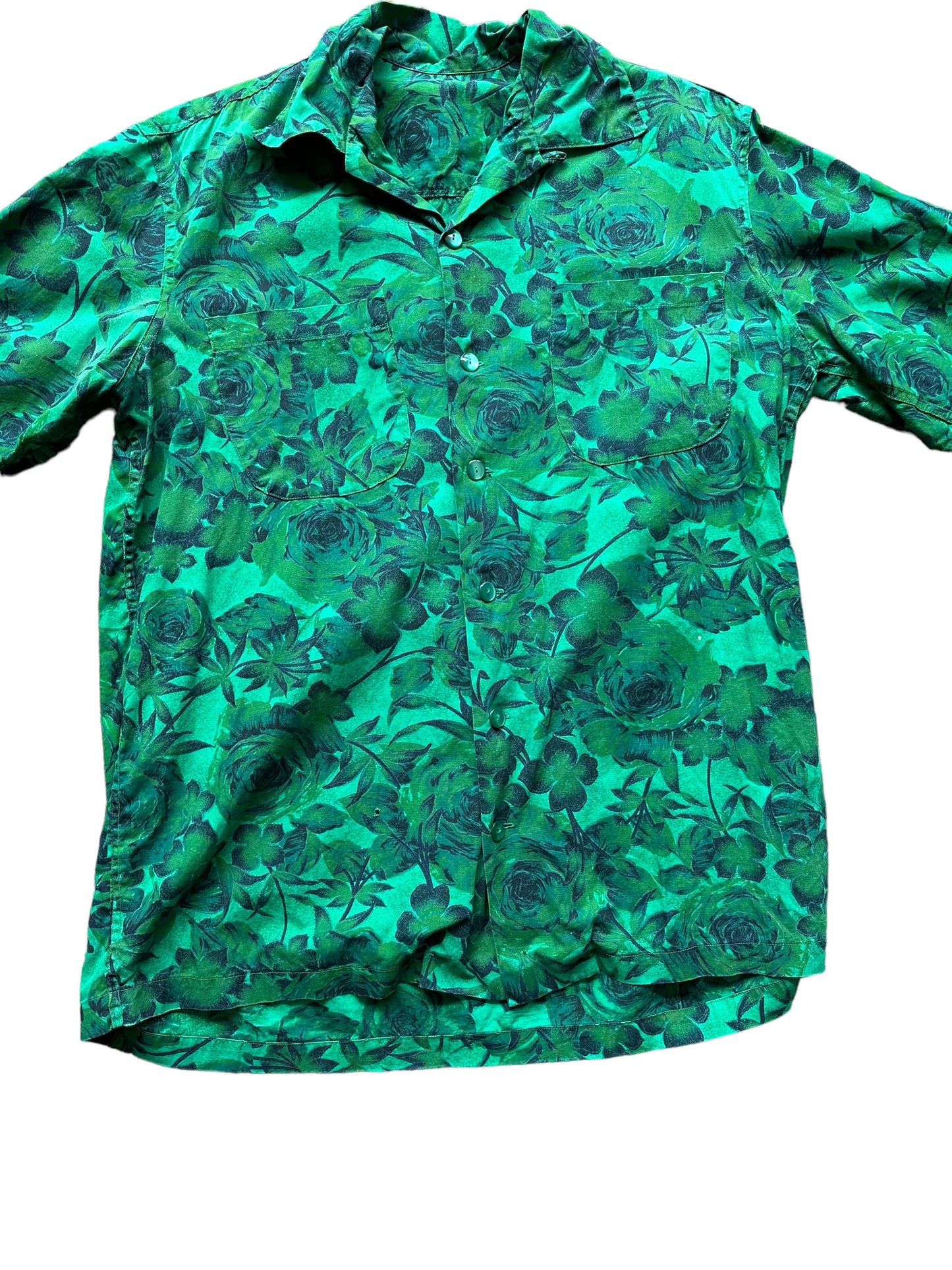 Front close up of Vintage Green Aloha Shirt SZ XL | Seattle Vintage Rayon Hawaiian Shirt | Barn Owl Vintage Clothing Seattle