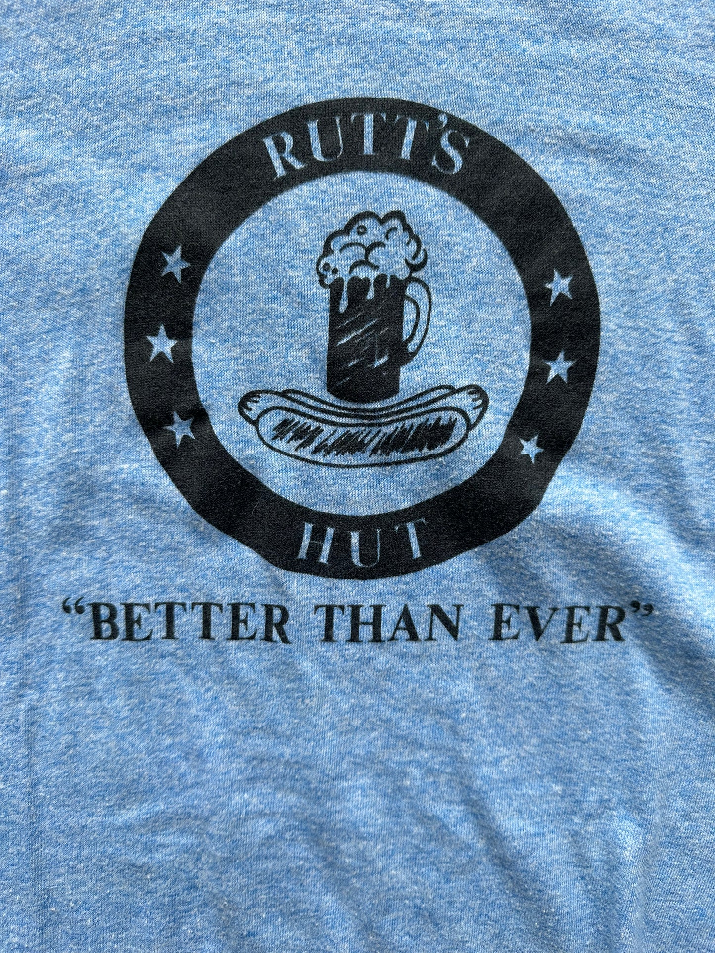 Front Graphic Close Up on Vintage Rutt's Hut Hot Dog Ringer Tee SZ M | Vintage T-Shirts Seattle | Barn Owl Vintage Tees Seattle