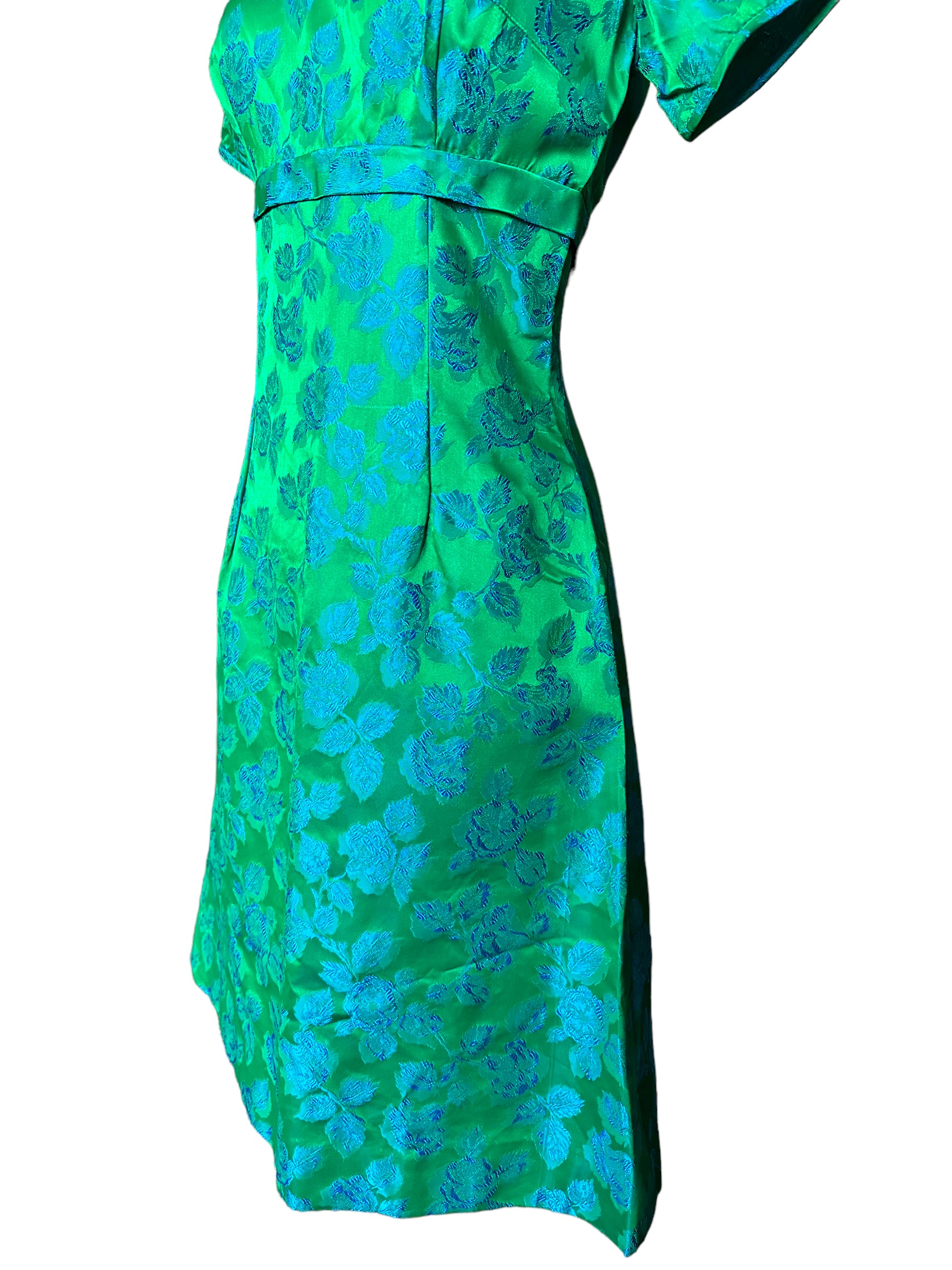 Left side skirt view of Vintage 1950s Blue/Green Brocade Dress |  Barn Owl Vintage Seattle | True Vintage Dresses