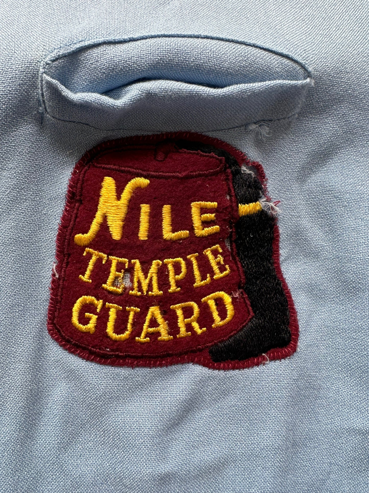 Front damaged patch Vintage "Nile Temple Guard" Chainstitched Bowling Shirt SZ L | Vintage Bowling Shirt Seattle | Barn Owl Vintage Seattle
