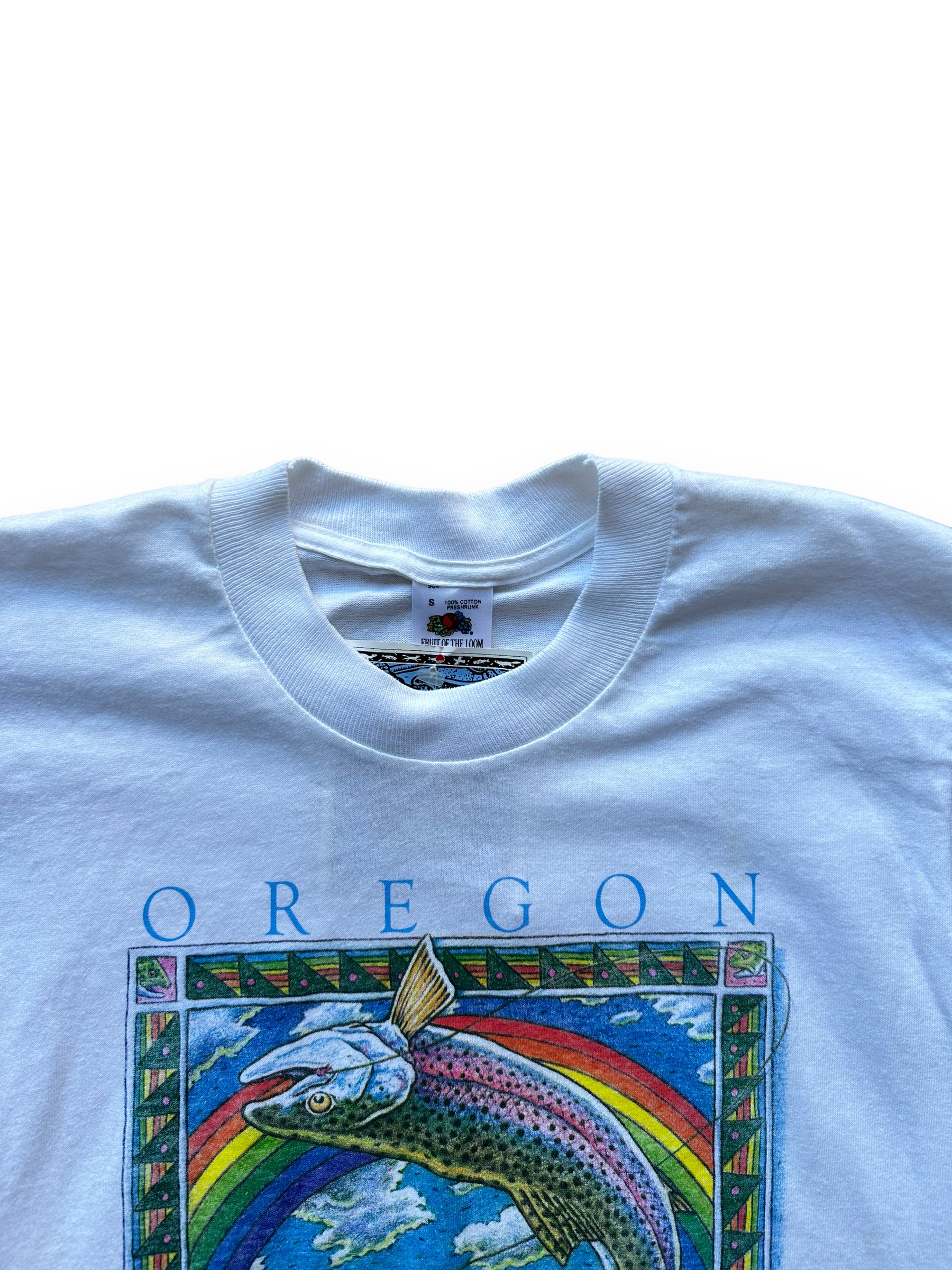 Collar of Vintage Ray Troll Deadstock Oregon "Under the Rainbow" Tee SZ S |  Vintage Fishing Tee Seattle | Barn Owl Vintage