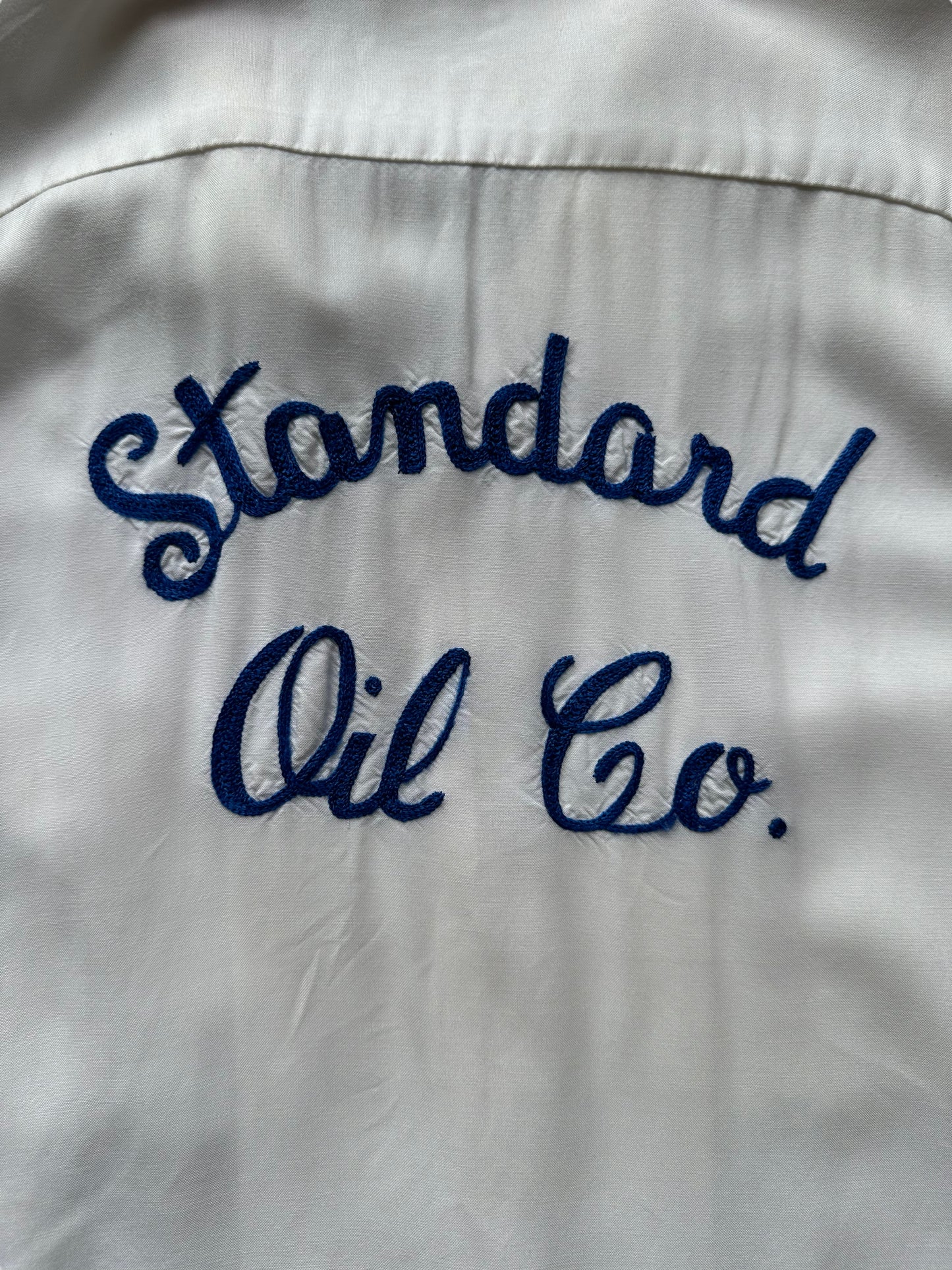 Back embroidery on Vintage "Standard Oil Co." Chainstitched Bowling Shirt SZ M | Vintage Bowling Shirt Seattle | Barn Owl Vintage Seattle