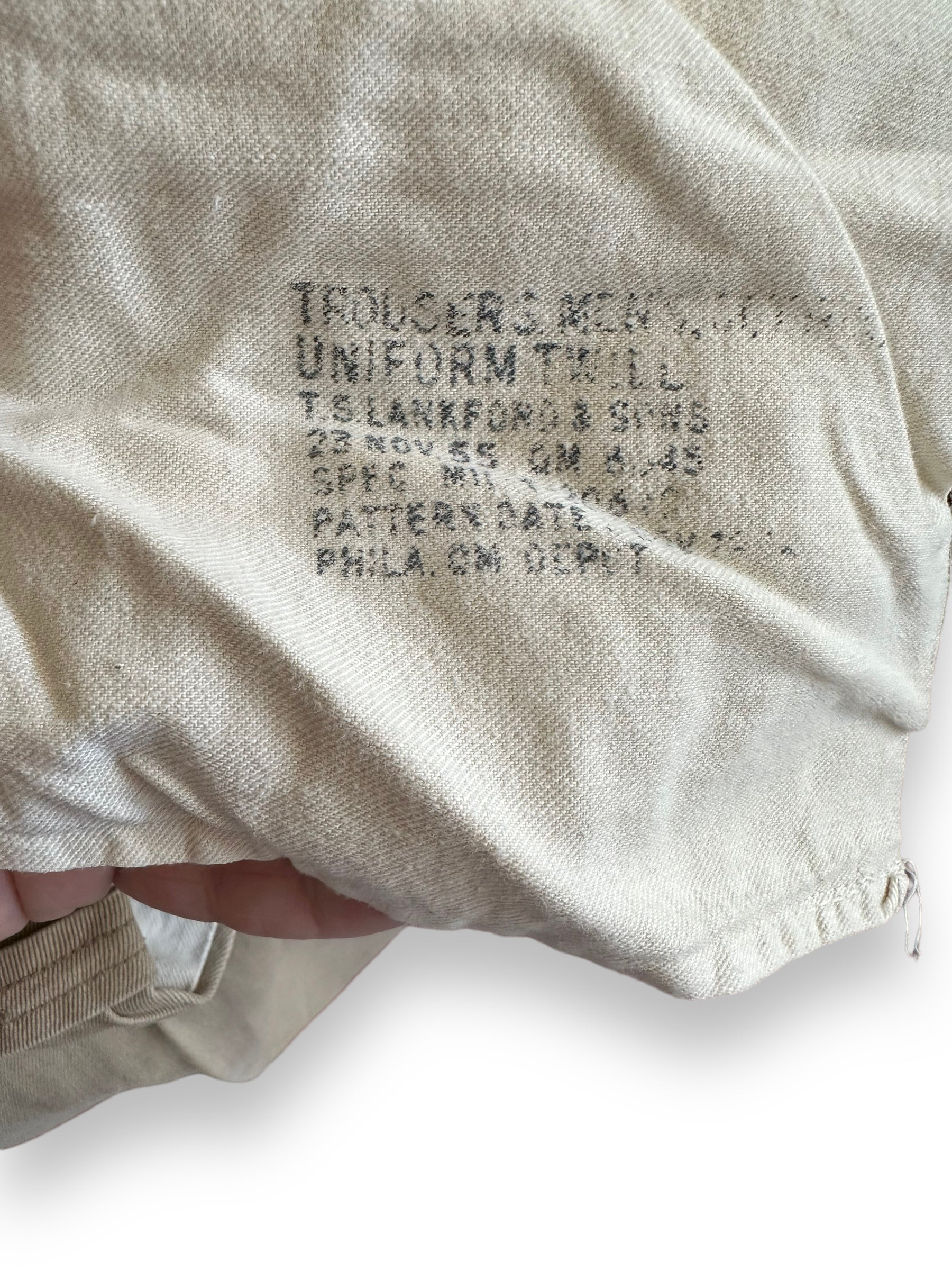 Stamp Description on Vintage 1955 Military Twill Trousers W31 | Barn Owl Vintage Seattle | Vintage Military Chinos Seattle