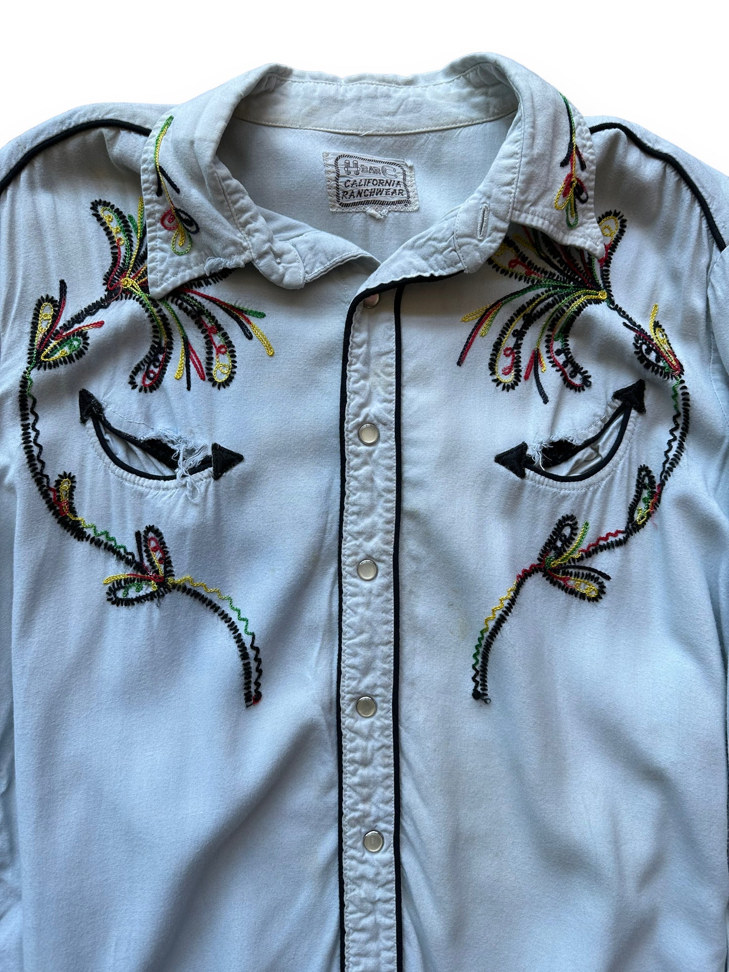 Collar shot of Vintage Distressed H-Bar-C Gabardine Western Shirt SZ L | Vintage Chainstitch Gabardine Seattle | Barn Owl Vintage Seattle