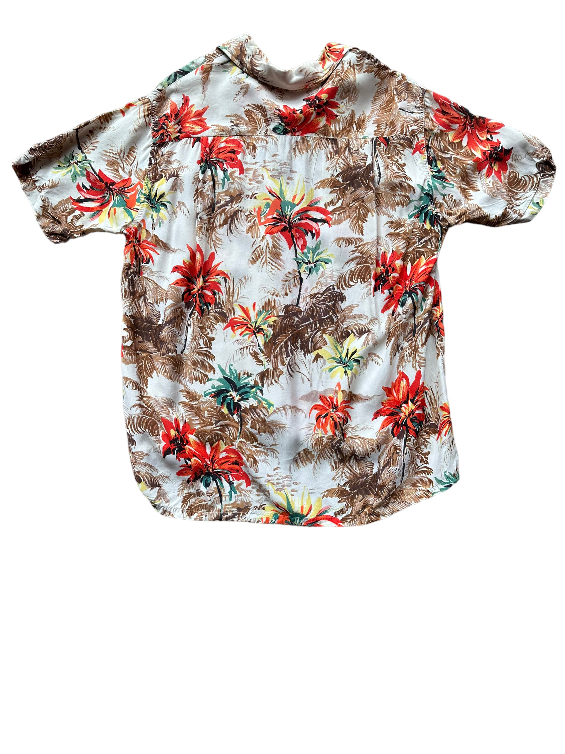 Back shot of Vintage Made in Japan Penney's Brown/Orange Floral Aloha Shirt SZ M | Seattle Vintage Rayon Hawaiian Shirt | Barn Owl Vintage Clothing Seattle