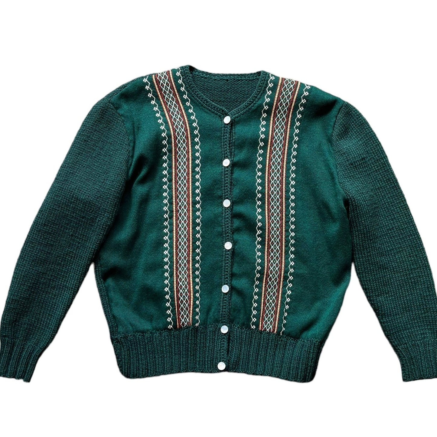 Front view of Vintage 1940s Green Wool Embroidered Cardigan 