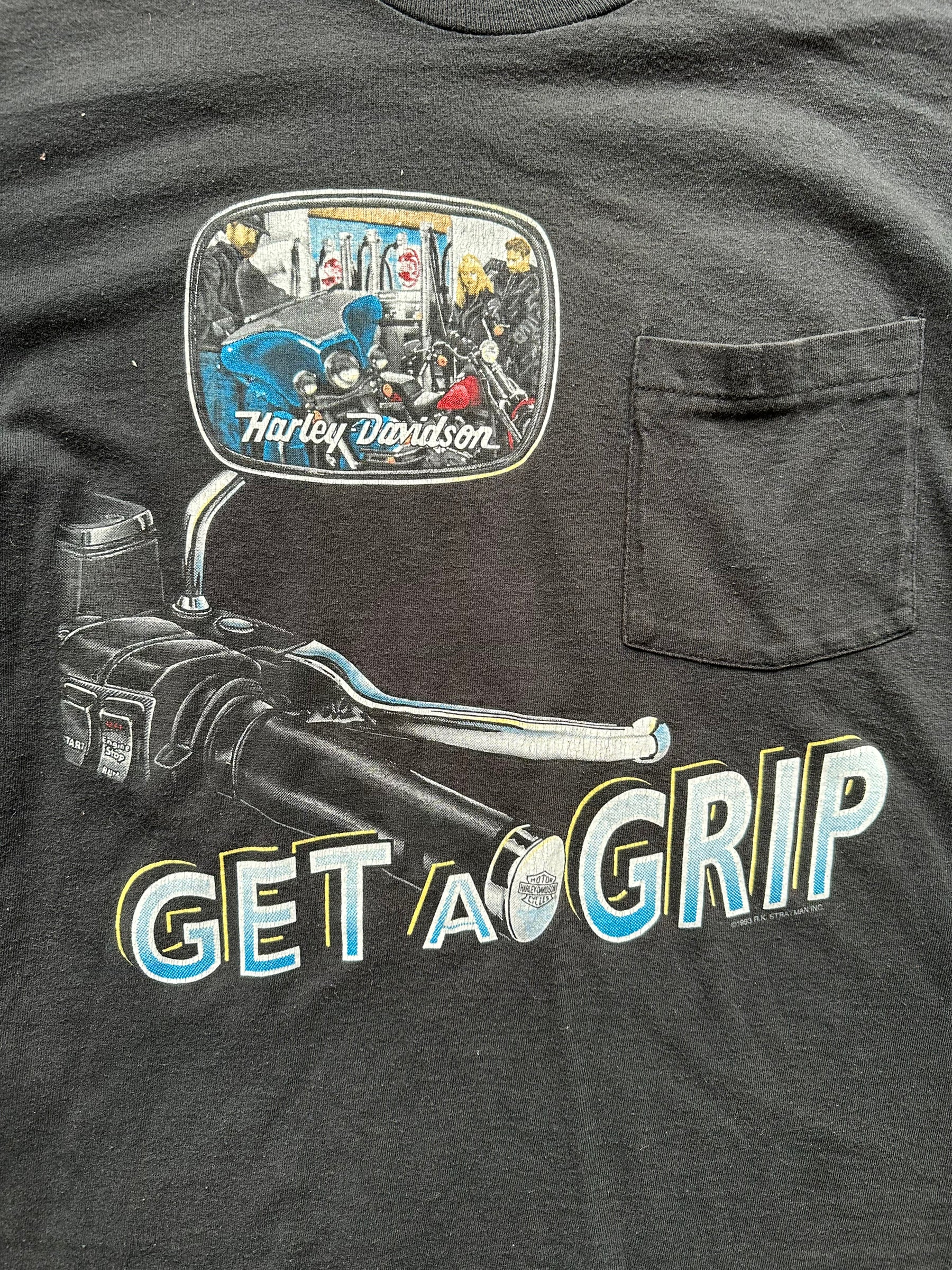 Front graphic of Vintage Harley Davidson Get a Grip Pocket Tee SZ M | Vintage Harley Tee | Barn Owl Vintage Seattle