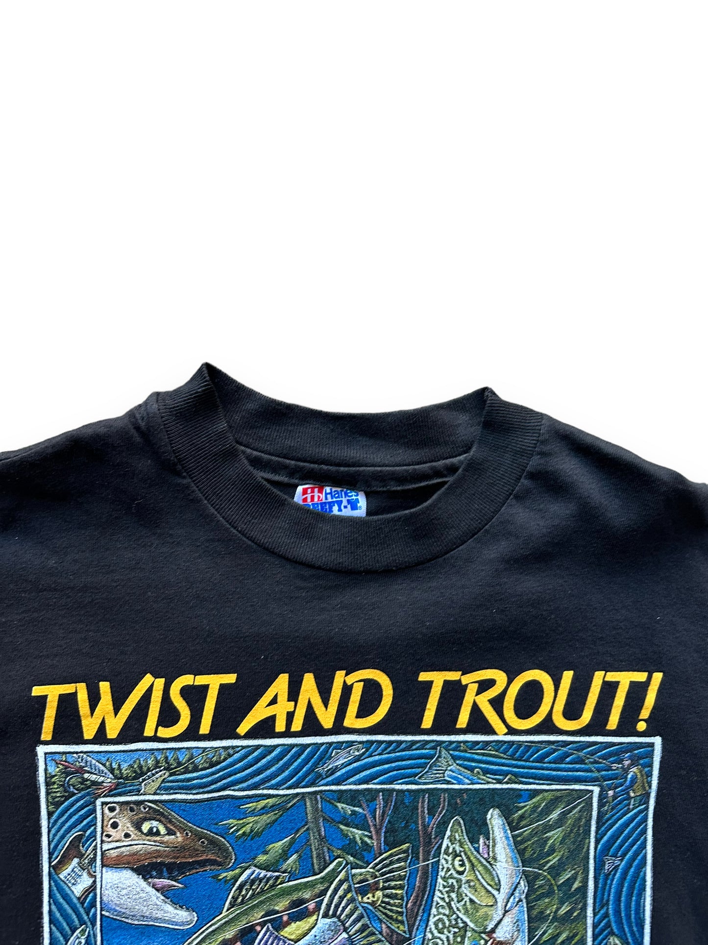 Collar of Vintage Ray Troll Twist and Trout Tee SZ L |  Vintage Fishing Tee Seattle | Barn Owl Vintage