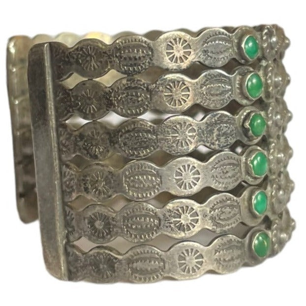 Close up stamp view of 1940s Harvey Era Coin Silver and Green Turquoise Navajo Cuff | Barn Owl Turquoise Jewelry | Seattle True Vintage