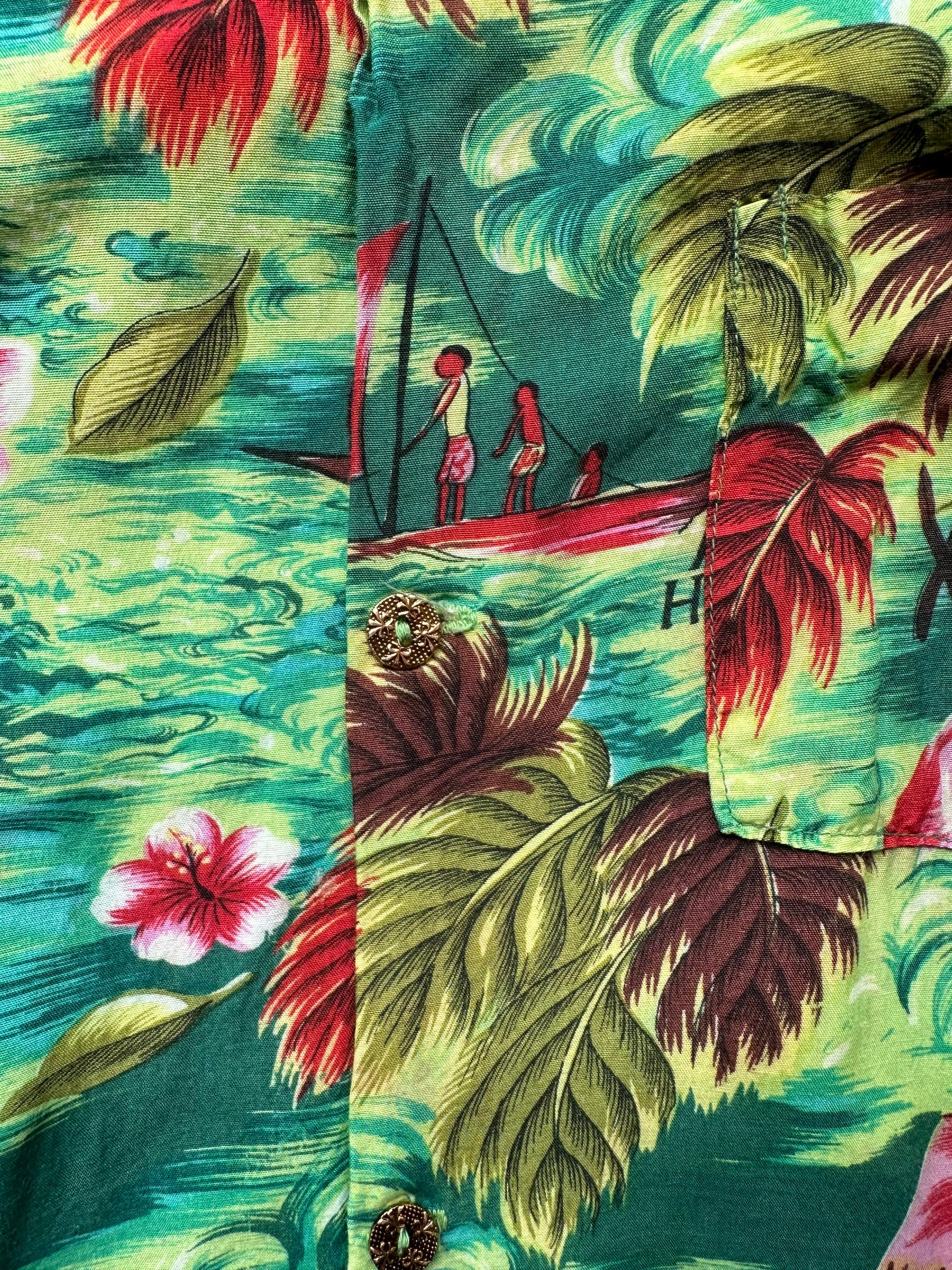 Pattern Detail on Vintage Island Fashions Green Rayon Aloha Shirt SZ M | Seattle Vintage Rayon Hawaiian Shirt | Barn Owl Vintage Clothing Seattle