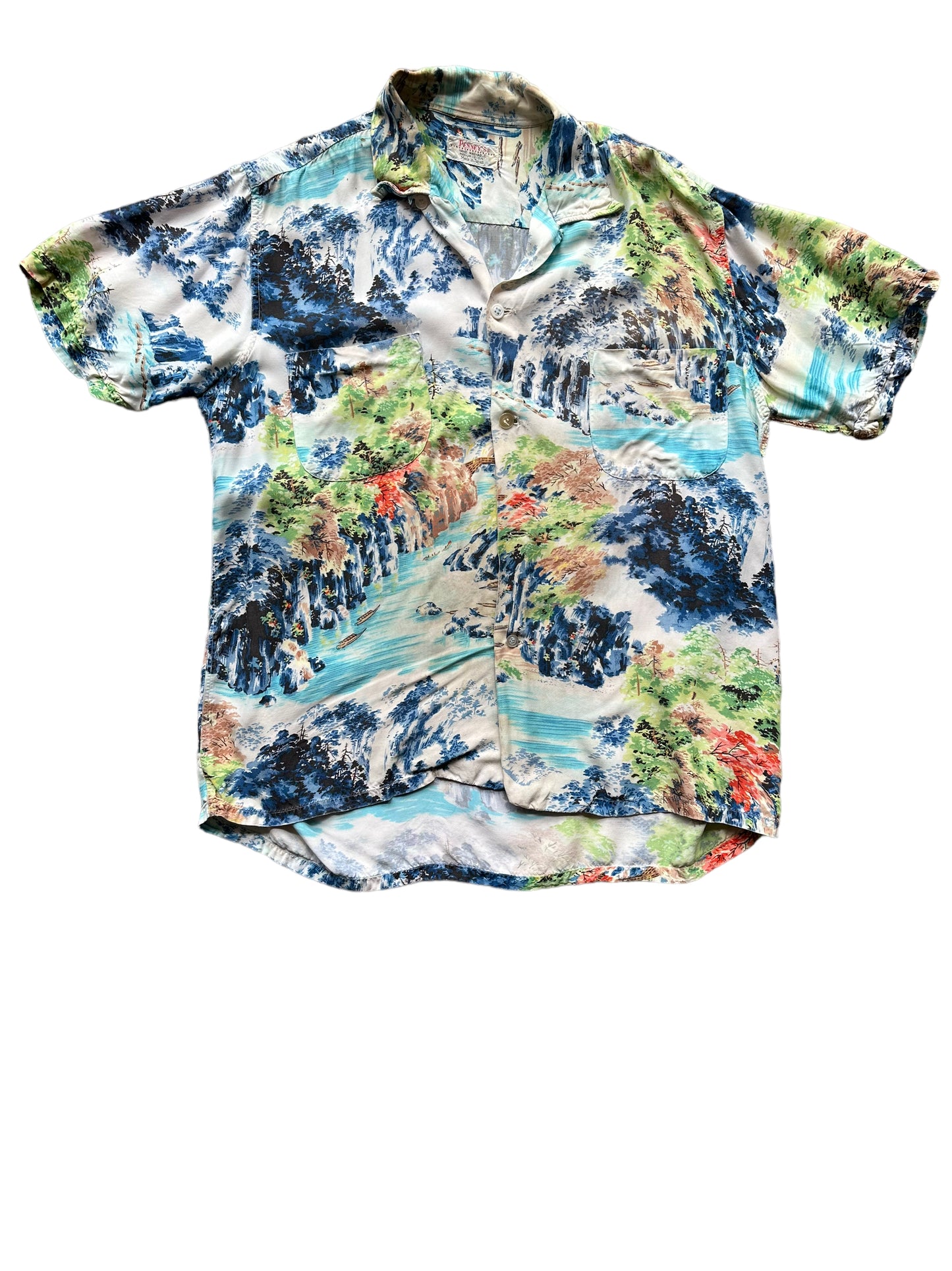 Front shot of Vintage Made in Japan Penney's Navy/Blue/Green Landscape Aloha Shirt SZ M | Seattle Vintage Rayon Hawaiian Shirt | Barn Owl Vintage Clothing Seattle