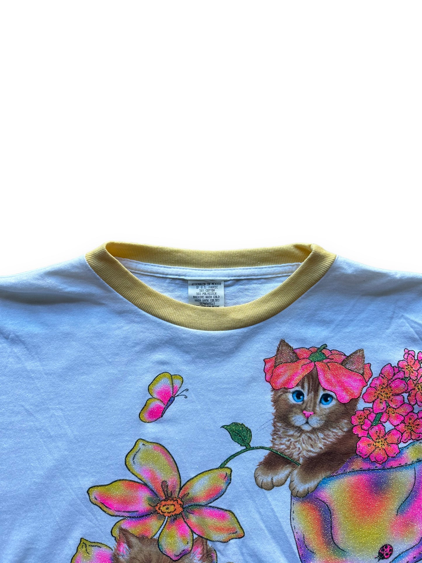 Collar of Vintage Yellow Glitter Cat Ringer Tee SZ M |  Vintage Cat Tee Seattle | Barn Owl Vintage