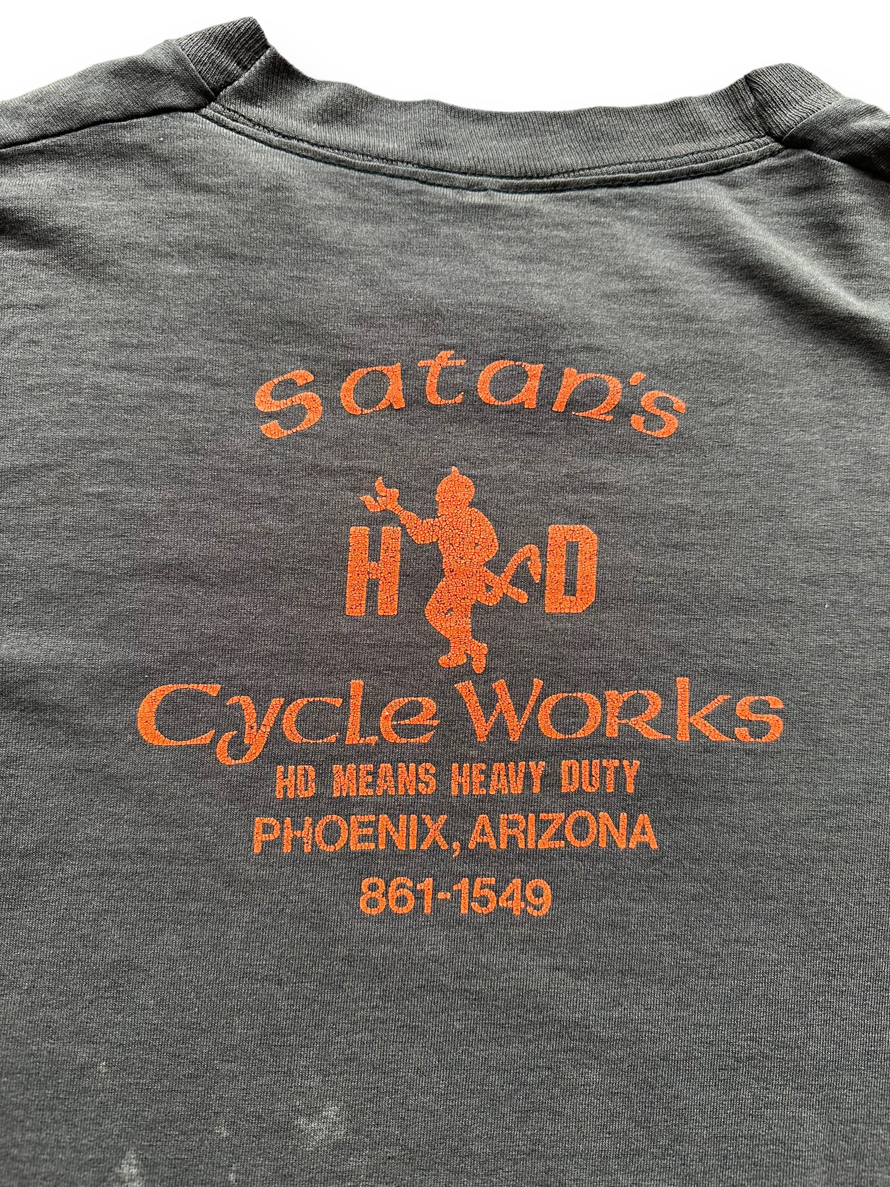 Back graphic of 80s Satan's Cycleworks Tee SZ L | Vintage Harley Tee | Barn Owl Vintage Seattle