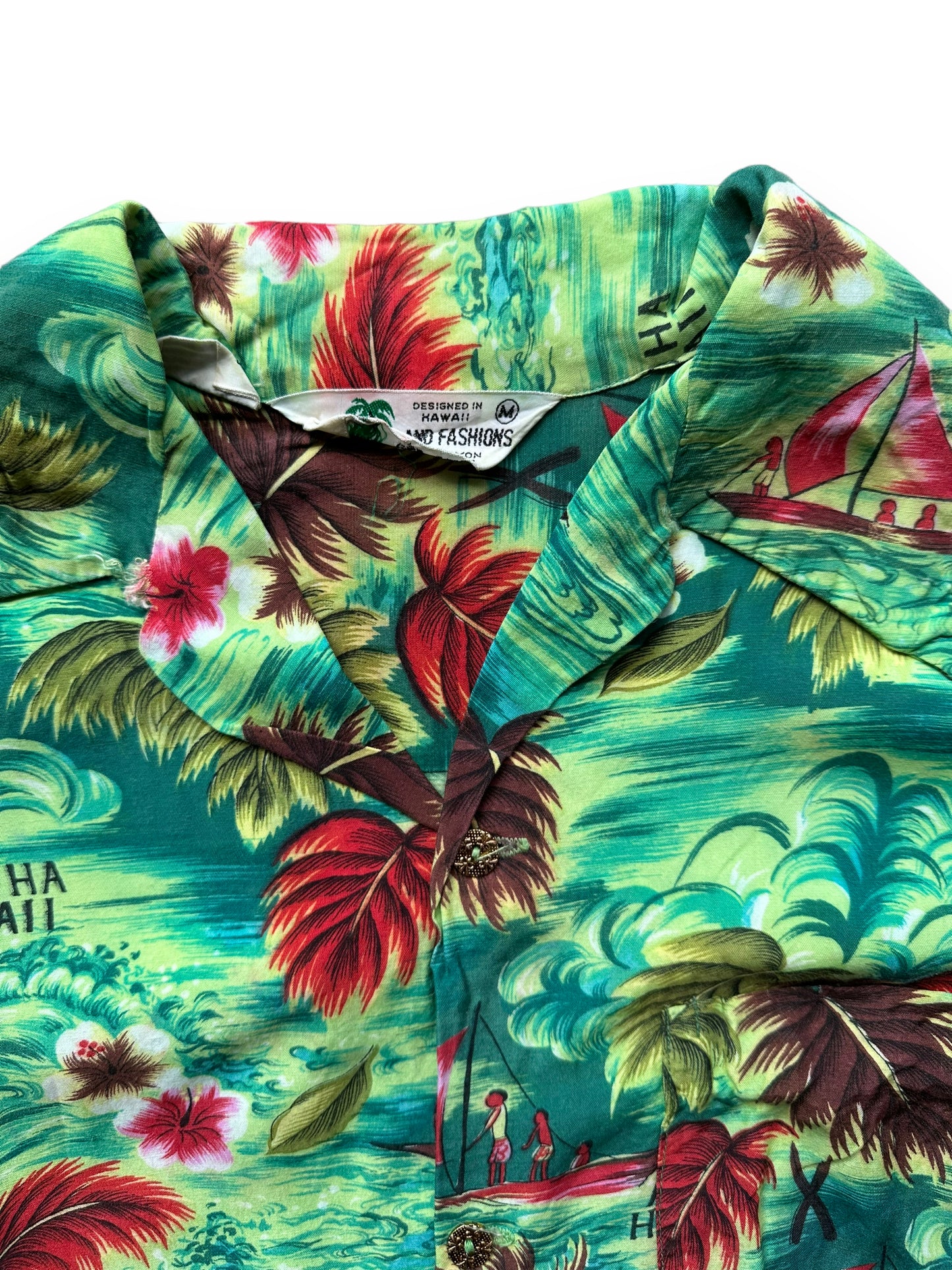 Tag View of Vintage Island Fashions Green Rayon Aloha Shirt SZ M | Seattle Vintage Rayon Hawaiian Shirt | Barn Owl Vintage Clothing Seattle