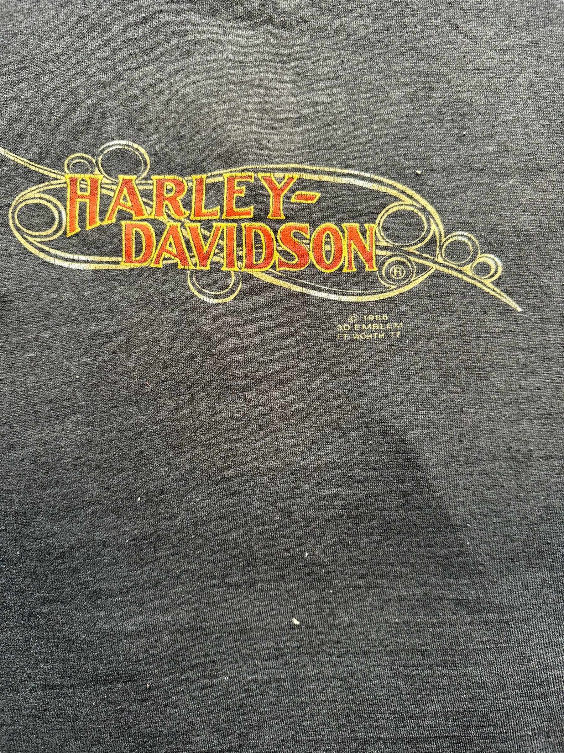 Graphic close up of Vintage Harley Davidson 3D Emblem SF Dudley Perkins Tee SZ L | Vintage Harley Tee | Barn Owl Vintage Seattle