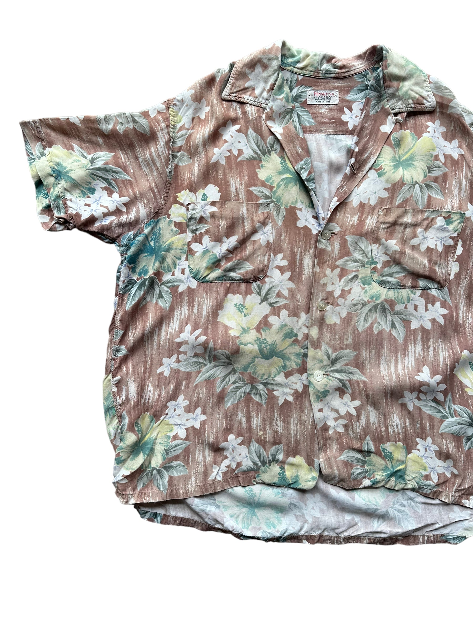 Front right shot of Vintage Made in Japan Penney's Brown/Green Floral Aloha Shirt SZ M | Seattle Vintage Rayon Hawaiian Shirt | Barn Owl Vintage Clothing Seattle