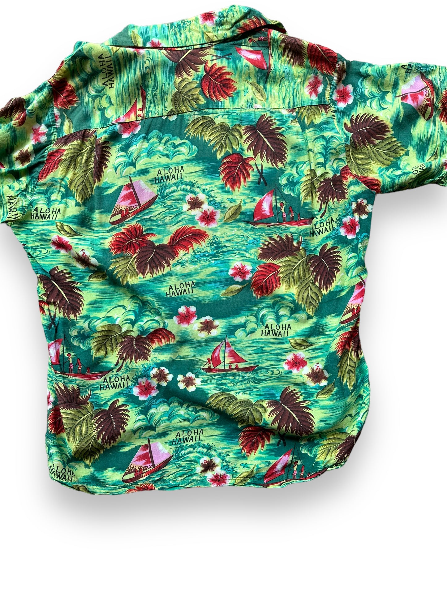 Rear Detail on Vintage Island Fashions Green Rayon Aloha Shirt SZ M | Seattle Vintage Rayon Hawaiian Shirt | Barn Owl Vintage Clothing Seattle