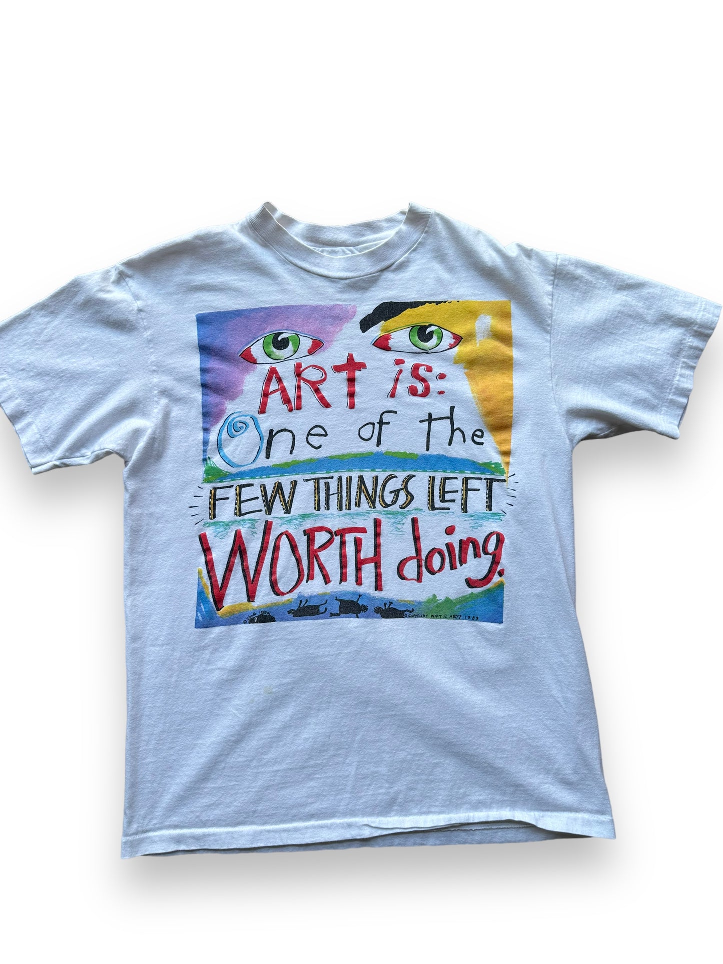 Front close up of Vintage "Art is Worth Doing" Fred Babb Tee SZ L |  Vintage Art Tee Seattle | Barn Owl Vintage