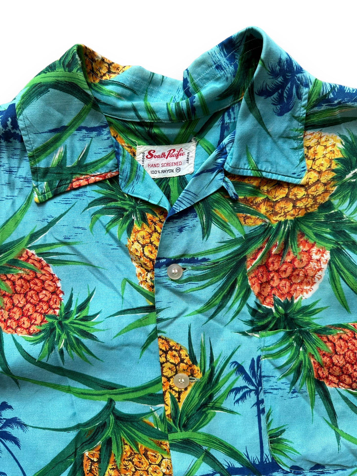 Tag View on Vintage South Pacific Blue Pineapple Aloha Shirt SZ M | Seattle Vintage Rayon Hawaiian Shirt | Barn Owl Vintage Clothing Seattle