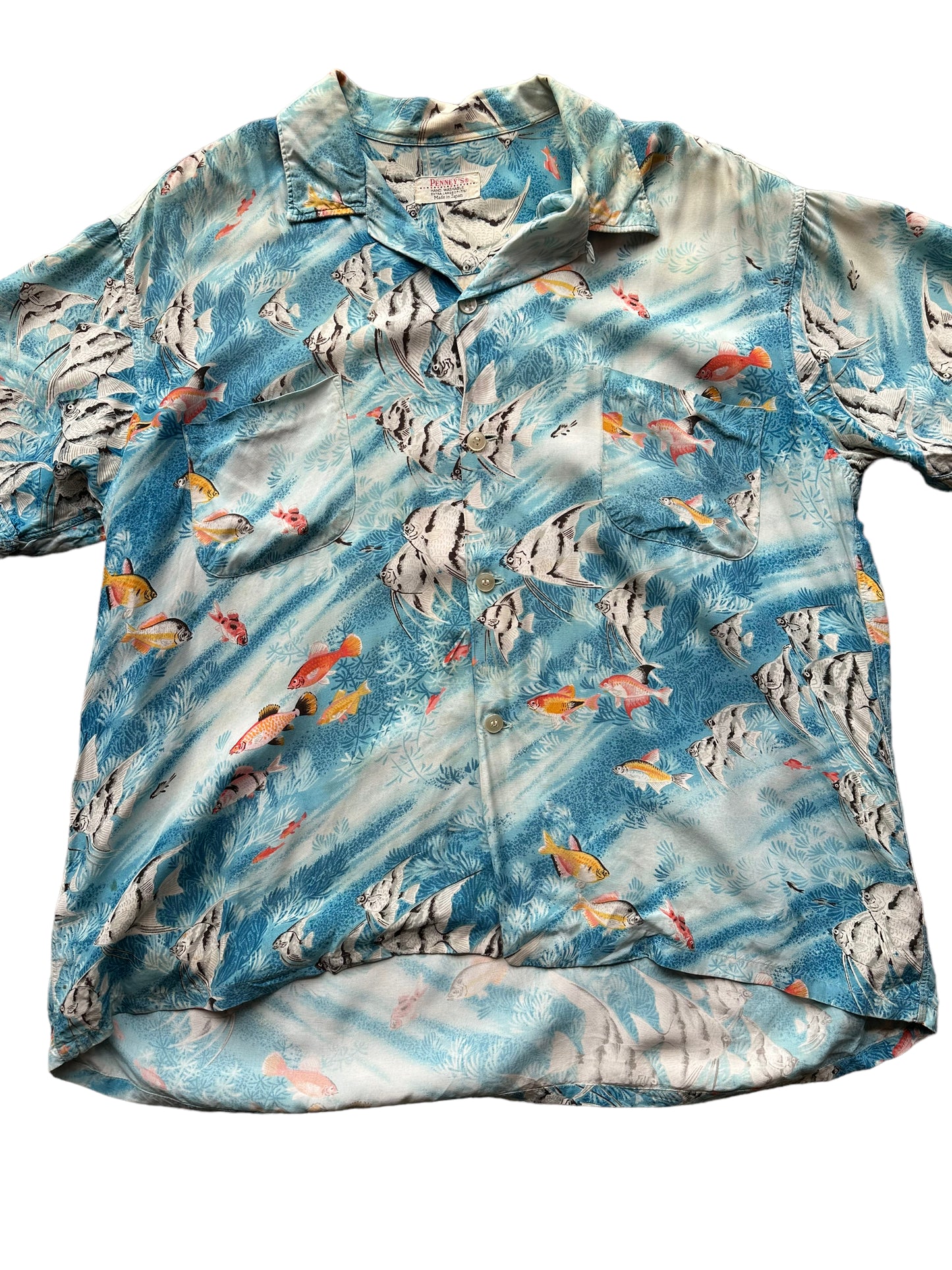 Front close up of Vintage Penny's Blue Tropical Fish Aloha Shirt SZ XL | Seattle Vintage Rayon Hawaiian Shirt | Barn Owl Vintage Clothing Seattle