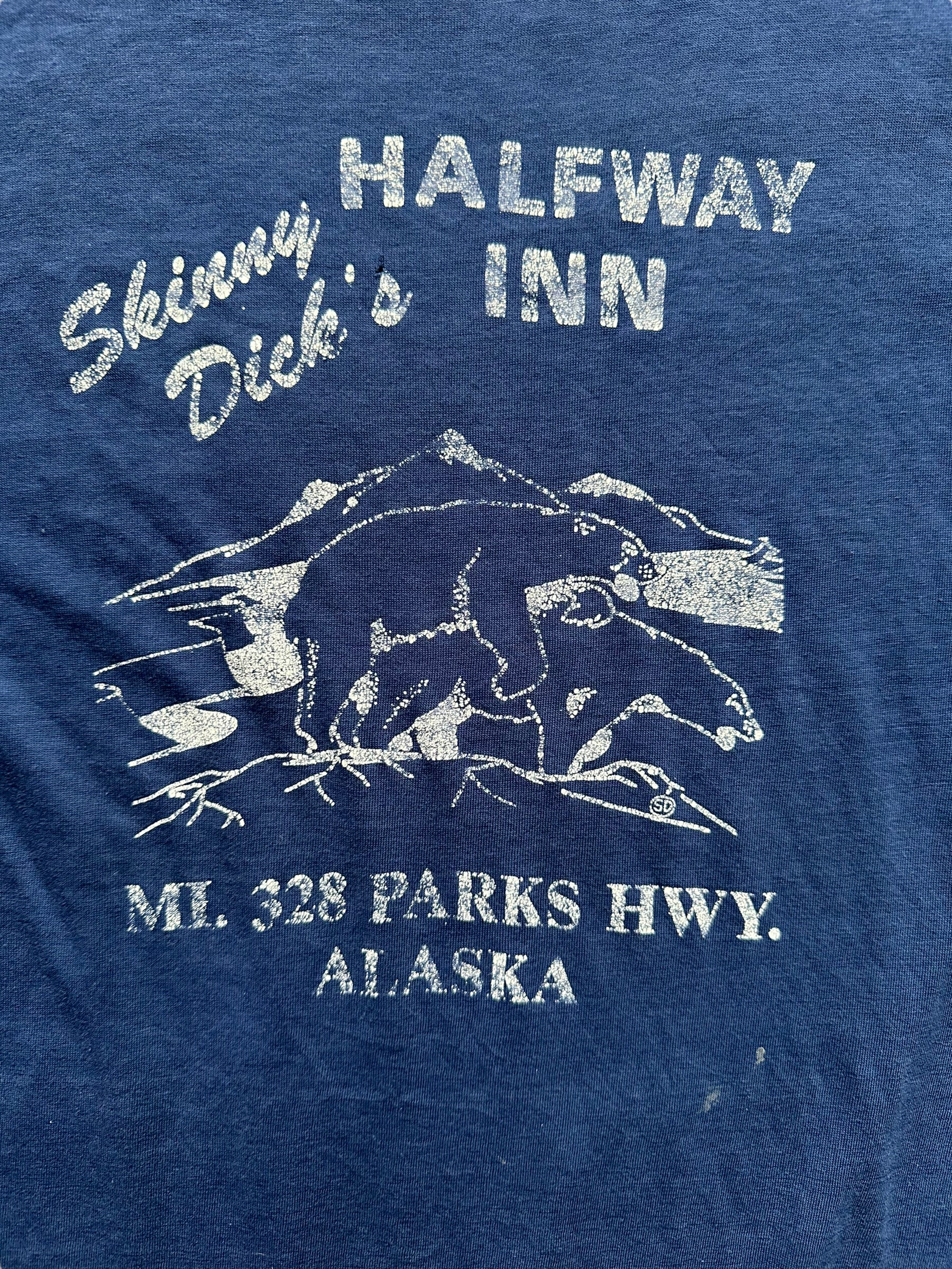 Graphic shot of Vintage Skinny Dicks Halfway Inn Alaska Tee SZ L | Vintage Alaska T-Shirts Seattle | Barn Owl Vintage Tees Seattle