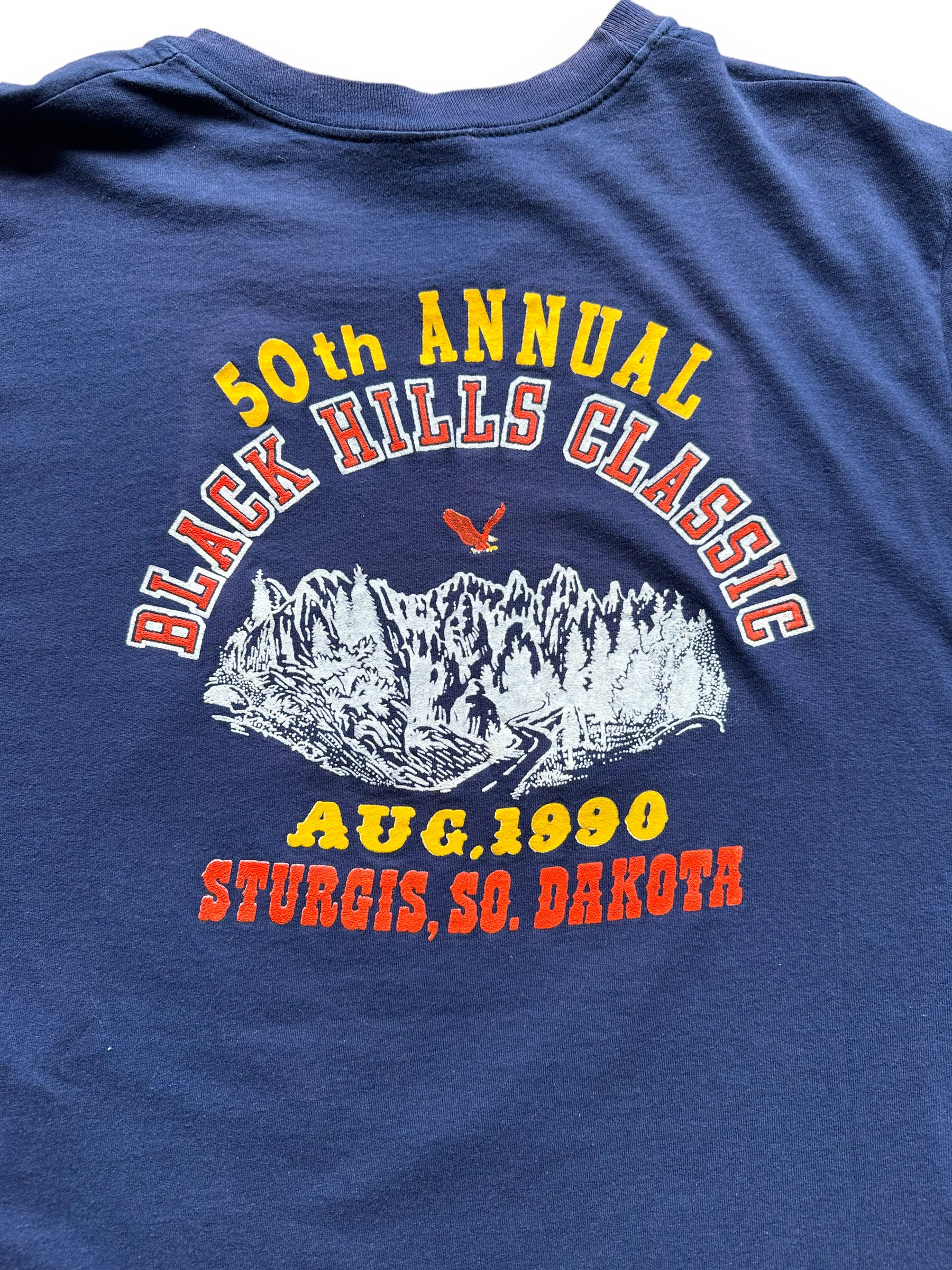 Back close up of '90 Blue Sturgis 50th Anniversary Tee SZ L | Vintage Harley Tee | Barn Owl Vintage Seattle