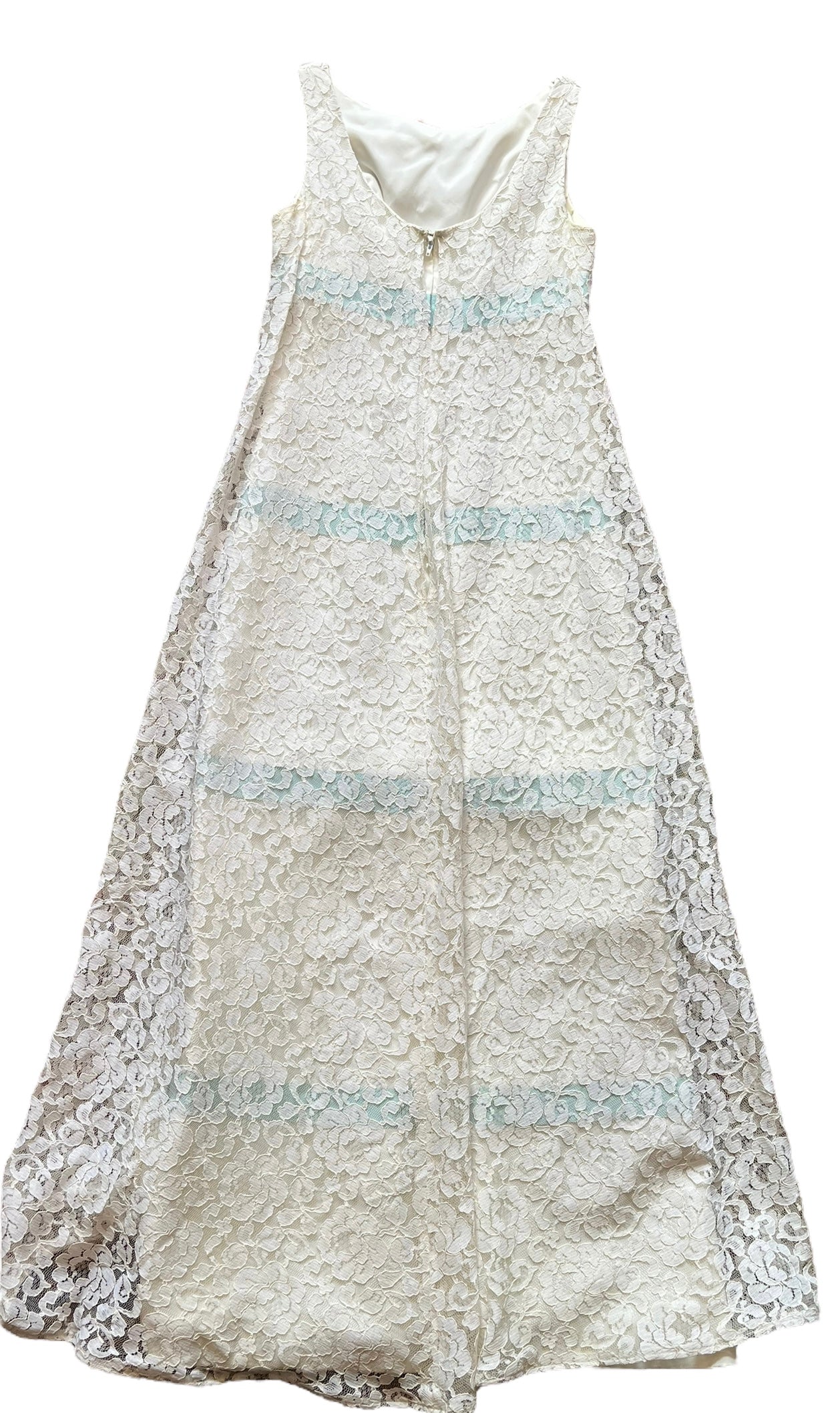 Full back view of Vintage 1960s Lace Dress with Blue Bows