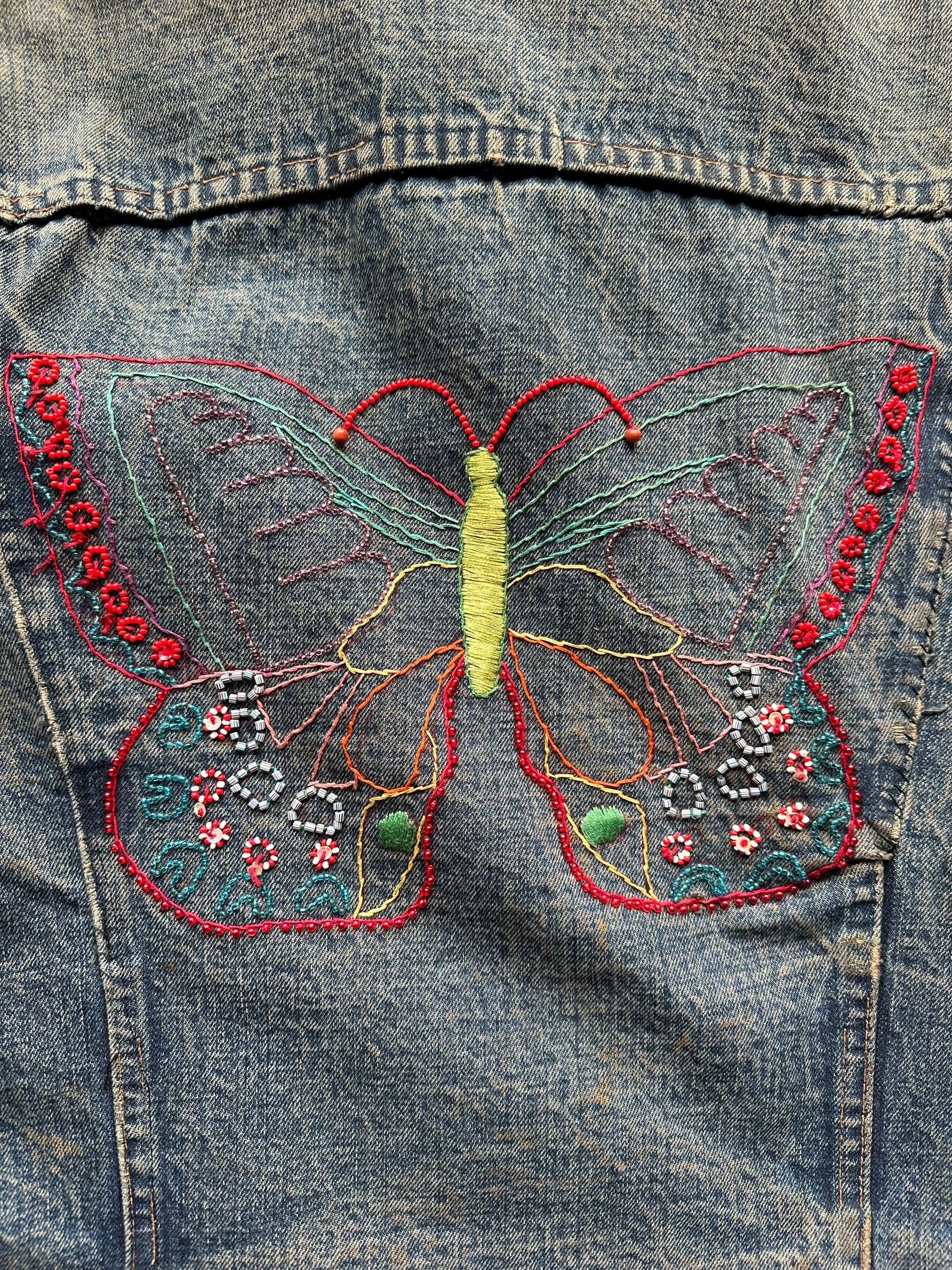 Men's fashion Levi Levi's Embroidered Trucker Jean Jacket Butterfly Frog Insects Medium