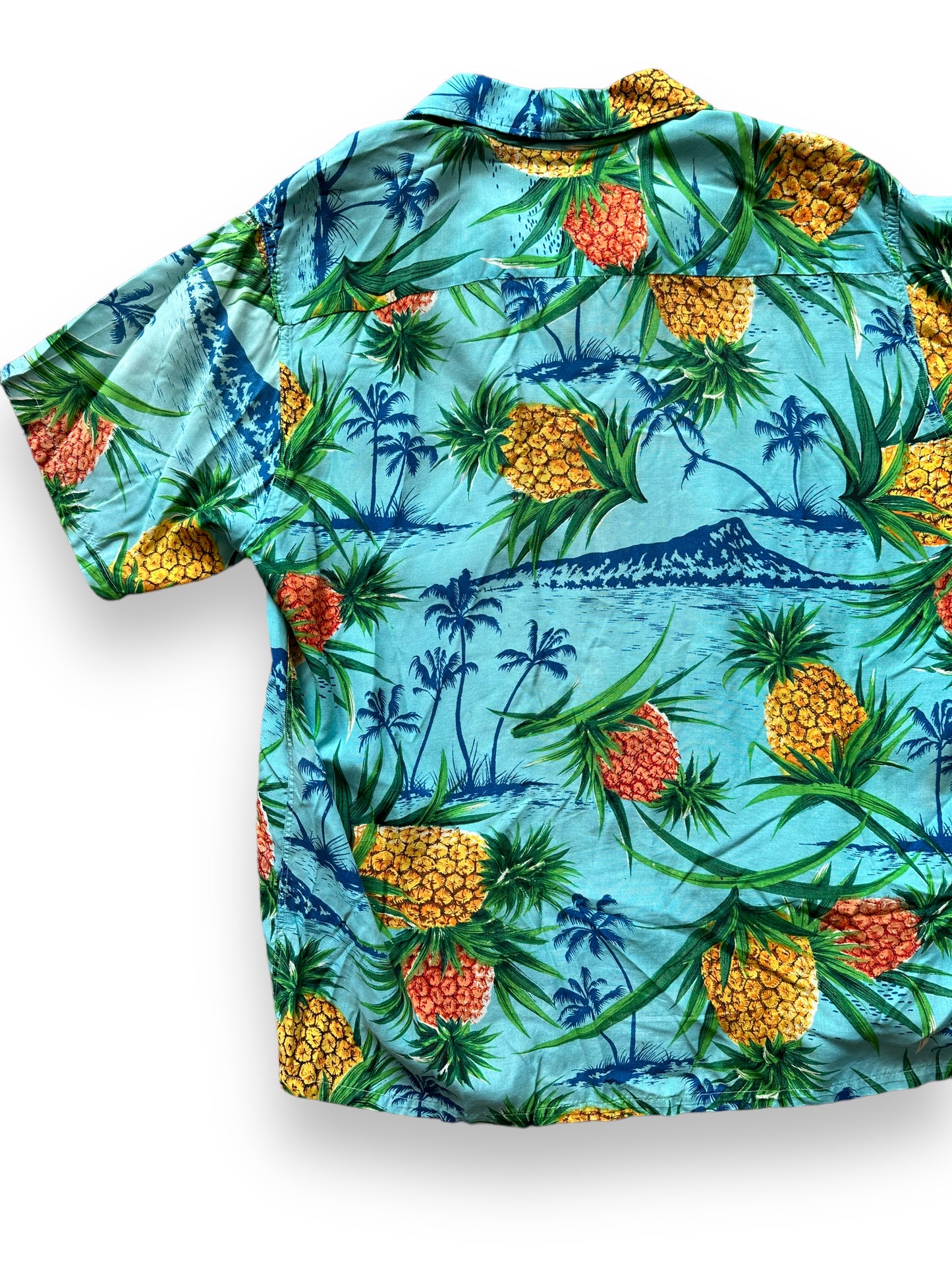 Left Rear View of Vintage South Pacific Blue Pineapple Aloha Shirt SZ M | Seattle Vintage Rayon Hawaiian Shirt | Barn Owl Vintage Clothing Seattle