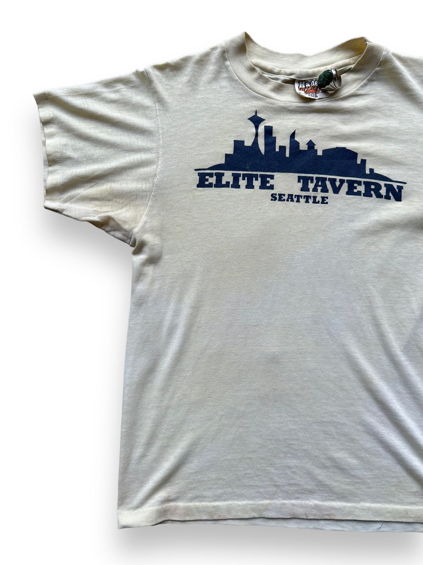 Front Right View of Vintage Elite Tavern Seattle Tee SZ S | Vintage Single Stitch T-Shirts Seattle | Barn Owl Vintage Tees Seattle