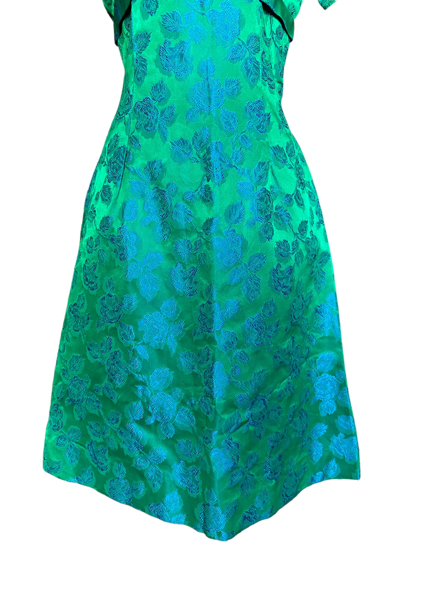 Front skirt view of Vintage 1950s Blue/Green Brocade Dress |  Barn Owl Vintage Seattle | True Vintage Dresses