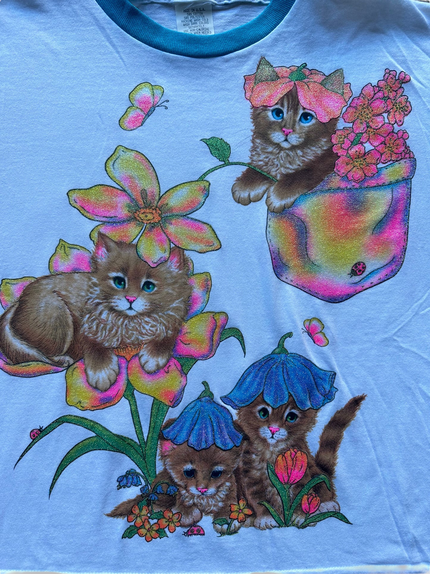 Graphic on Vintage Blue Glitter Cat Ringer Tee SZ M |  Vintage Cat Tee Seattle | Barn Owl Vintage