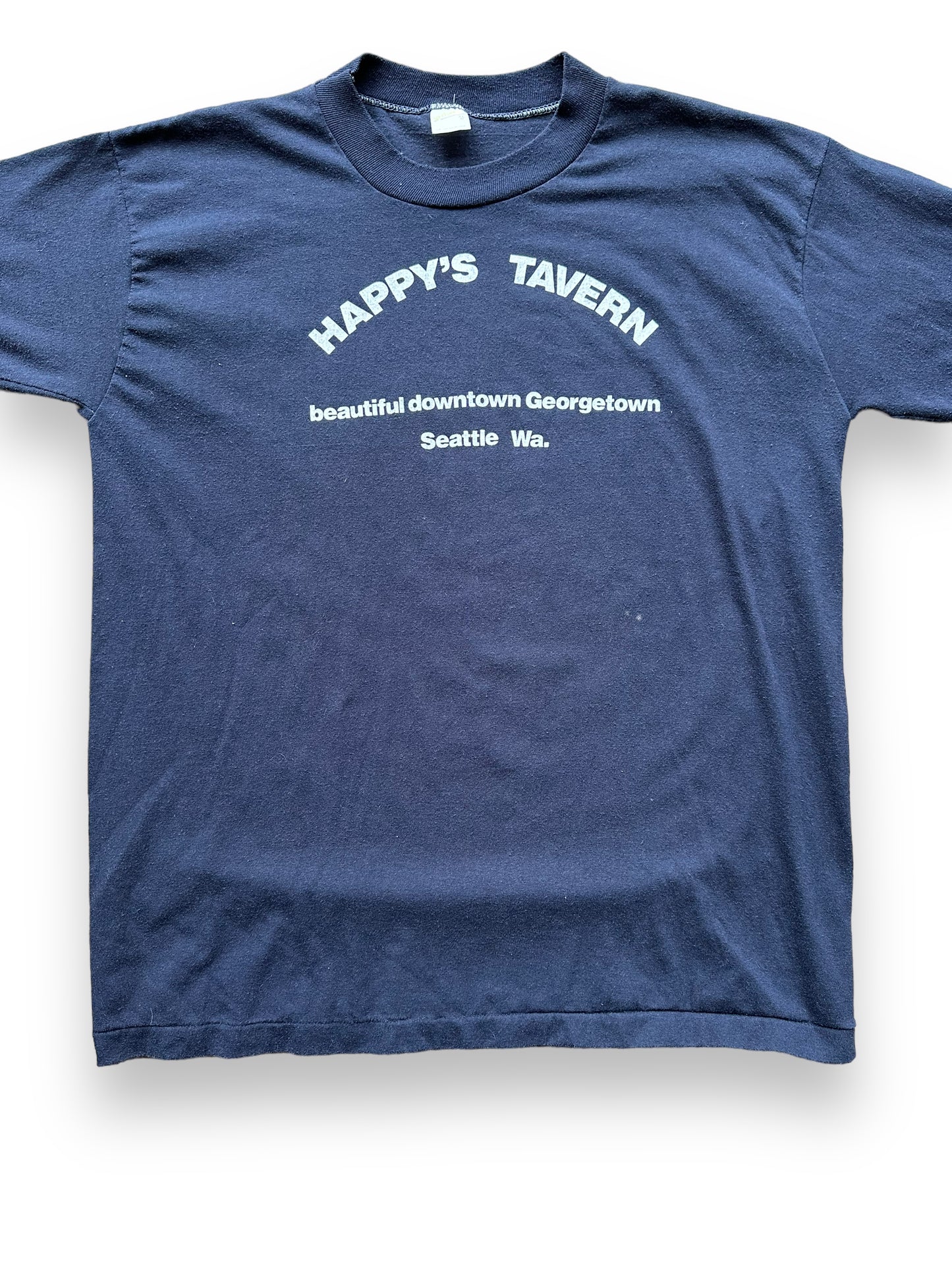Front Detail on Vintage Happys Tavern Georgetown Tee SZ XL | Vintage Single Stitch T-Shirts Seattle | Barn Owl Vintage Tees Seattle
