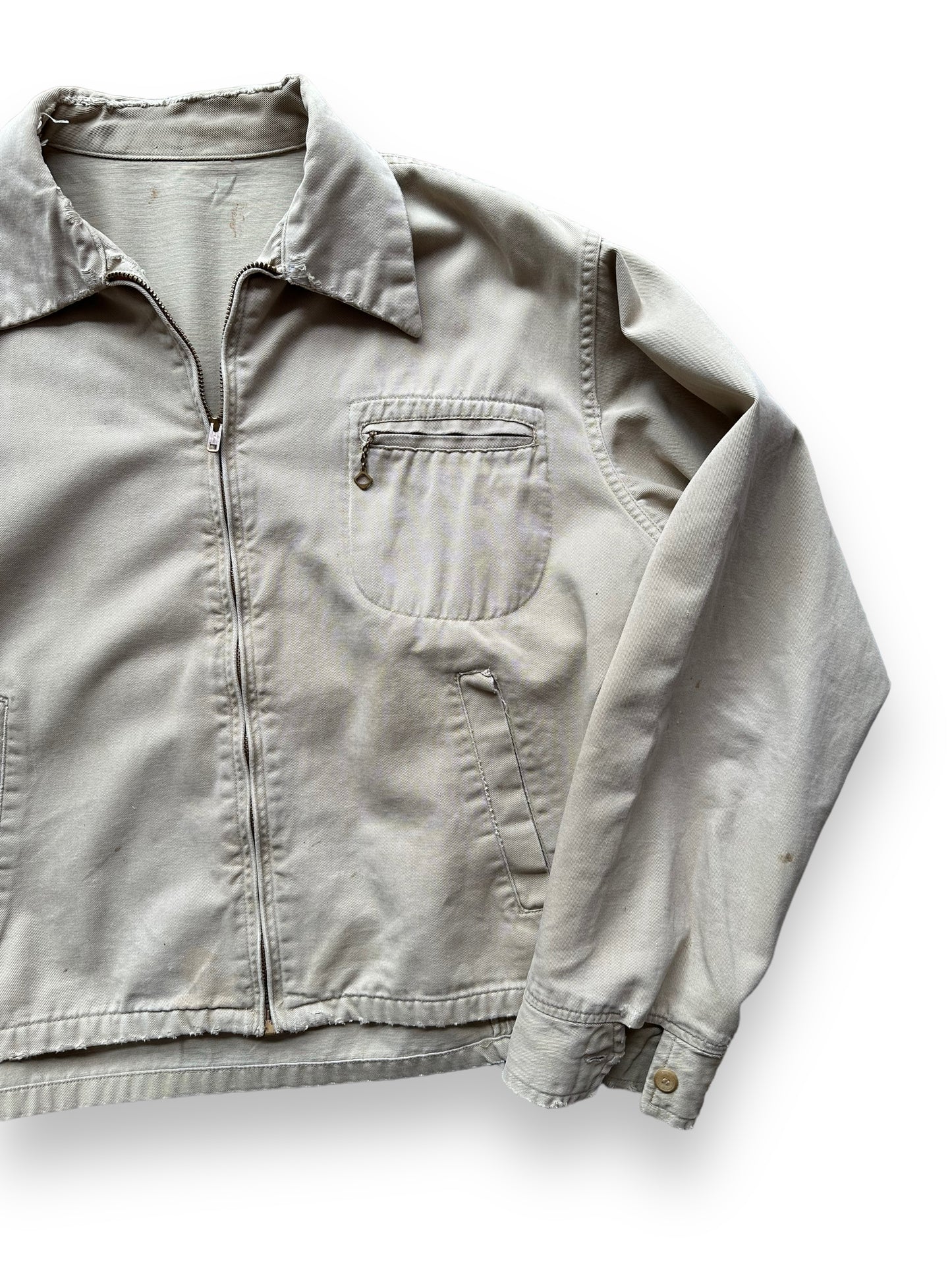 Front LeftView of Vintage Cropped Workwear Khaki Jacket SZ L | Vintage European Workwear Seattle | Barn Owl Vintage Goods Seattle