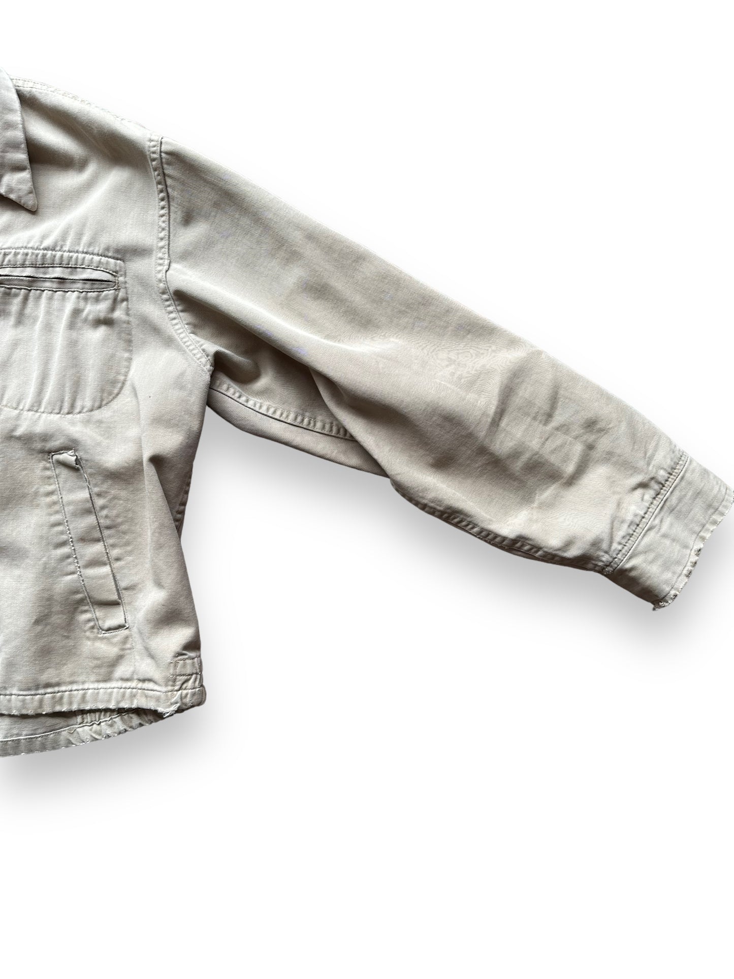 Front Left Sleeve View of Vintage Cropped Workwear Khaki Jacket SZ L | Vintage European Workwear Seattle | Barn Owl Vintage Goods Seattle