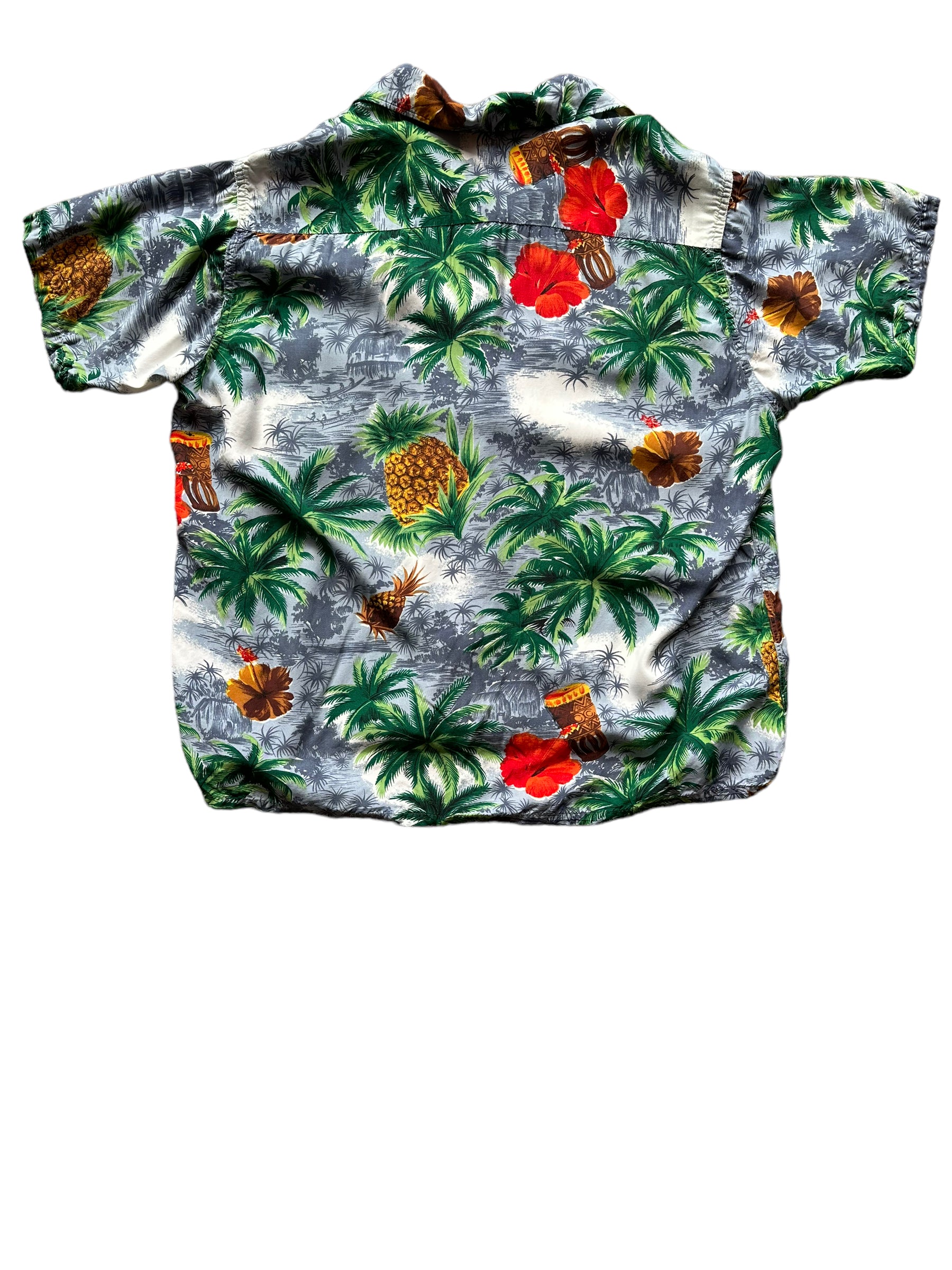 Back shot of Vintage Made in Japan South Pacific Grey Pineapple Aloha Shirt SZ L | Seattle Vintage Rayon Hawaiian Shirt | Barn Owl Vintage Clothing Seattle